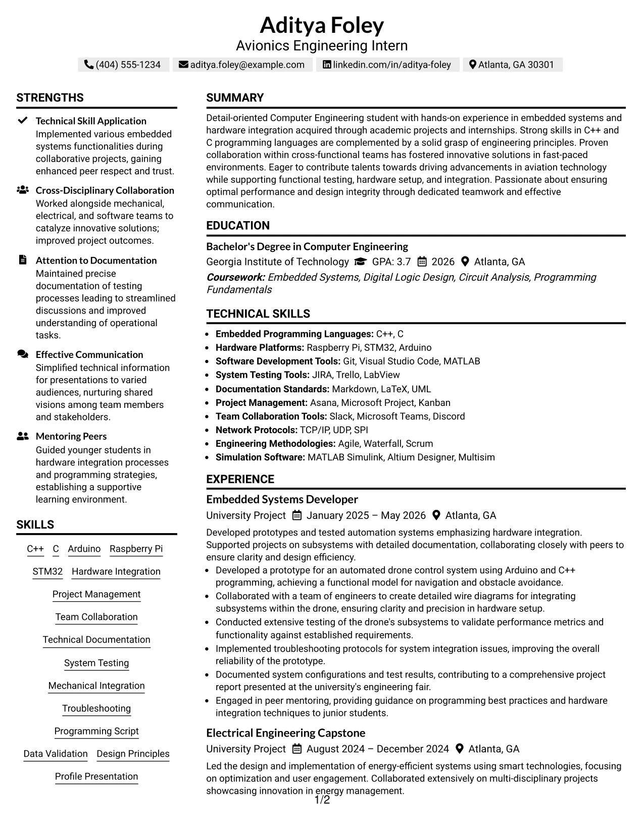 Resume Example Page 1