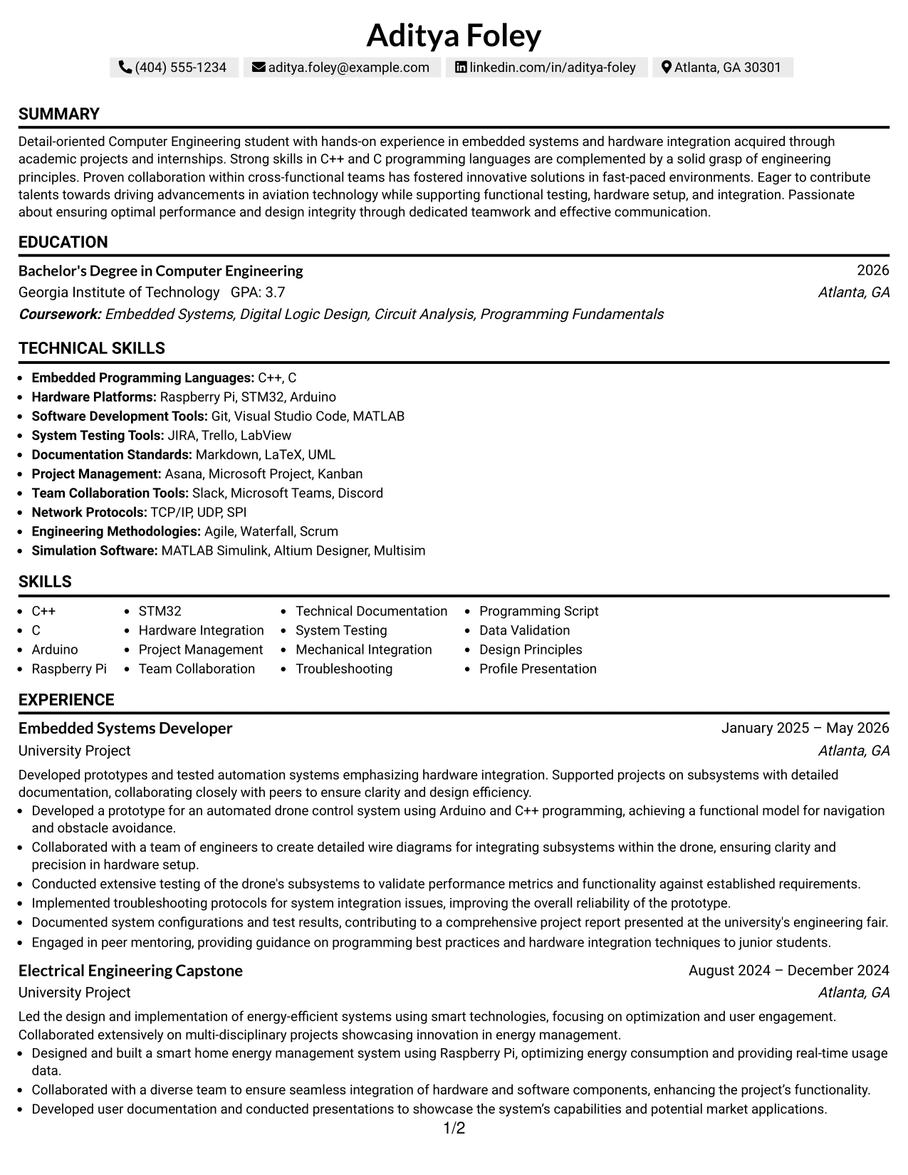 Resume Example Page 1