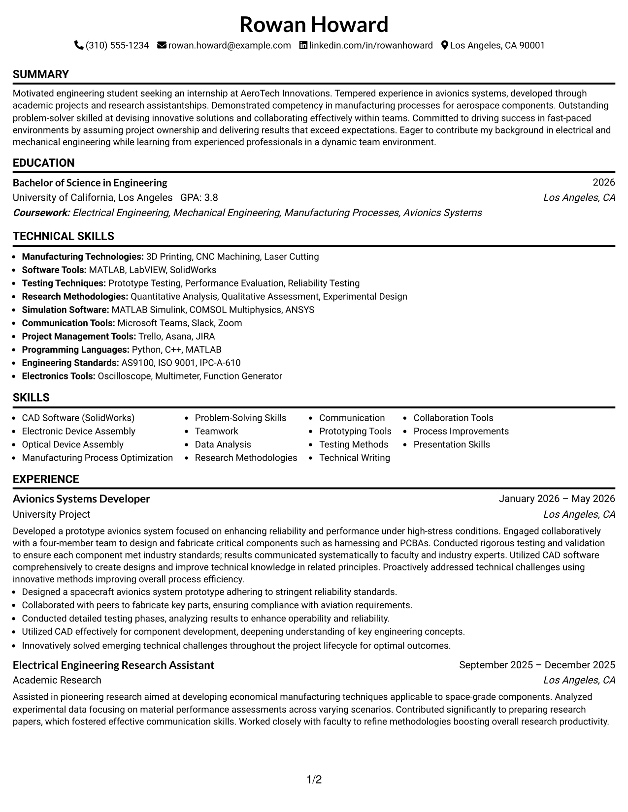 Resume Example Page 1