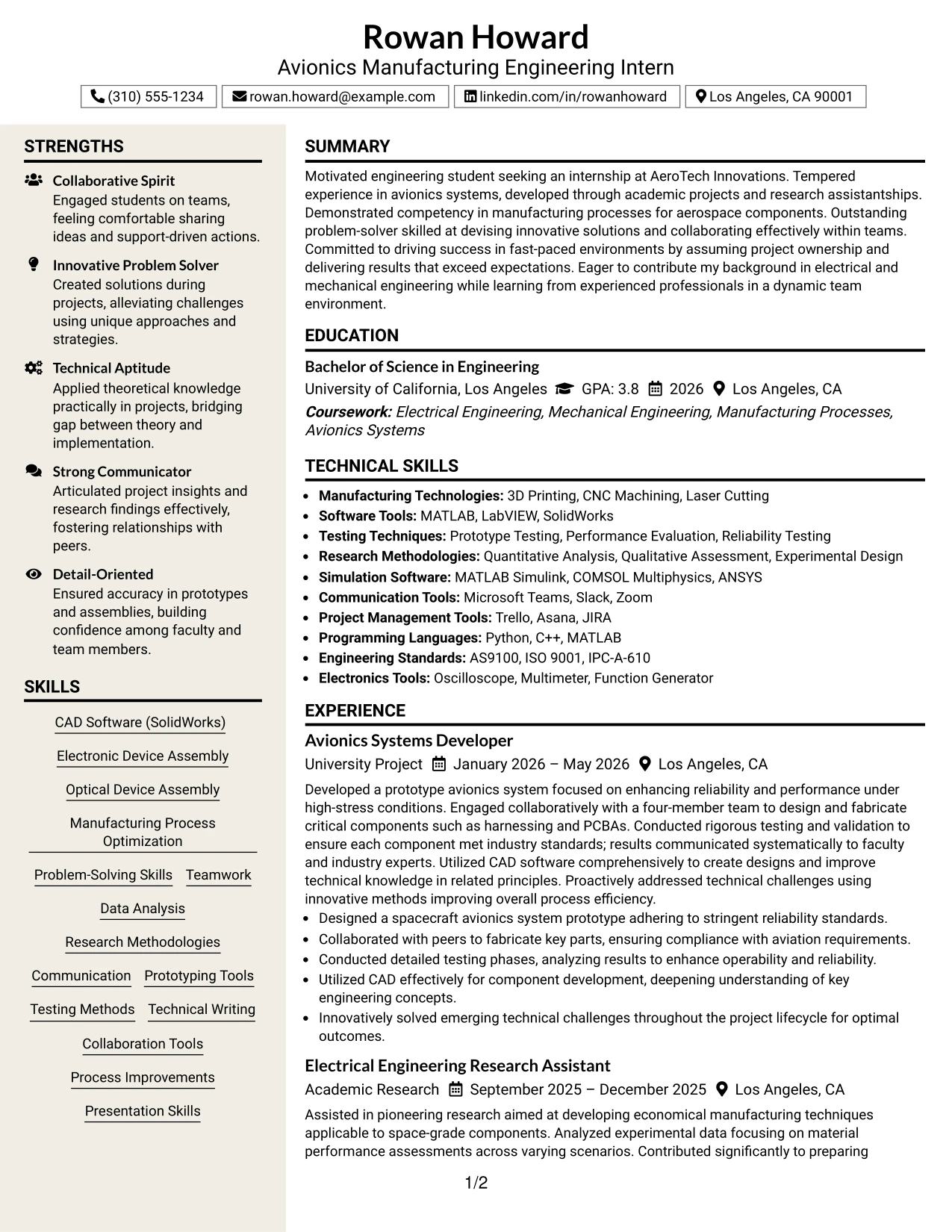 Resume Example Page 1