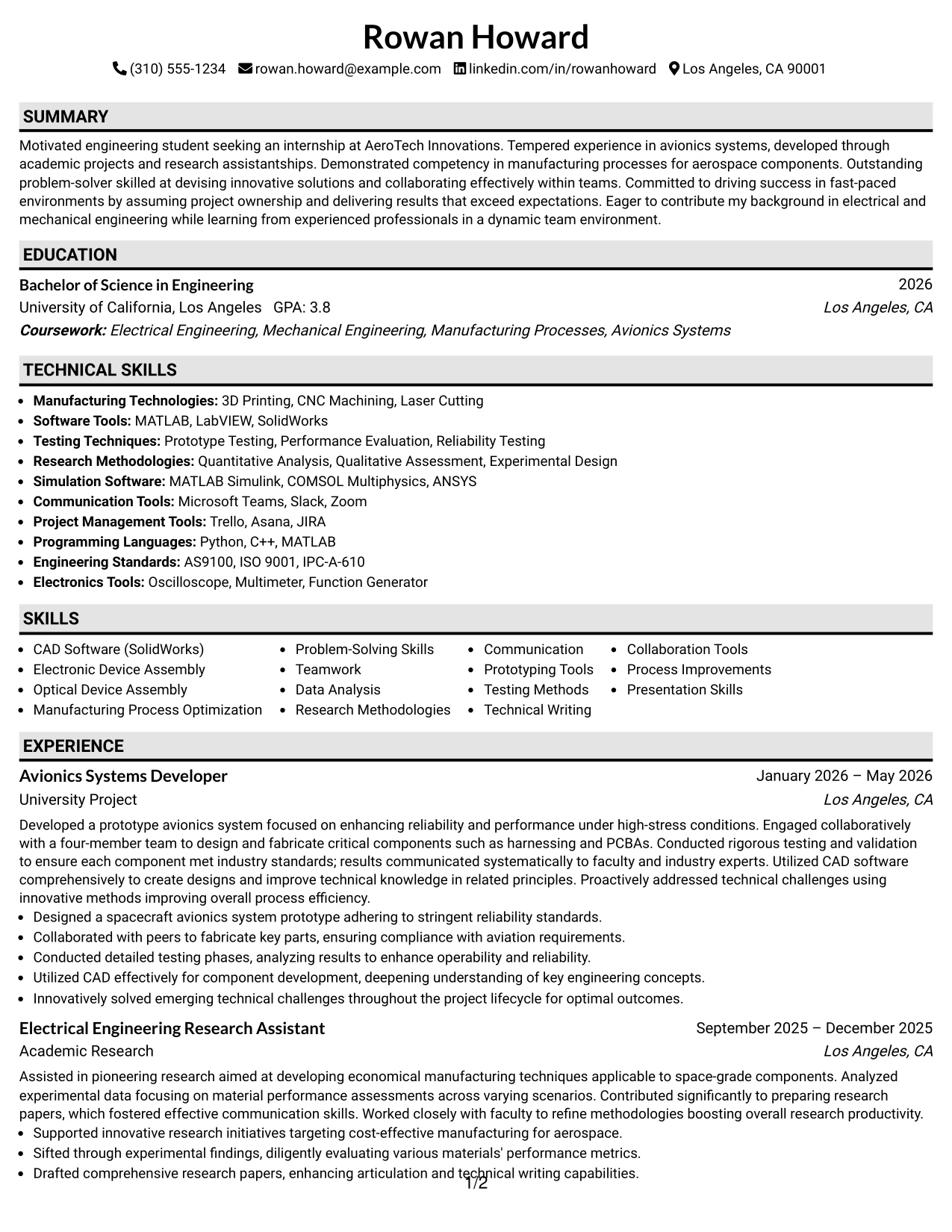 Resume Example Page 1