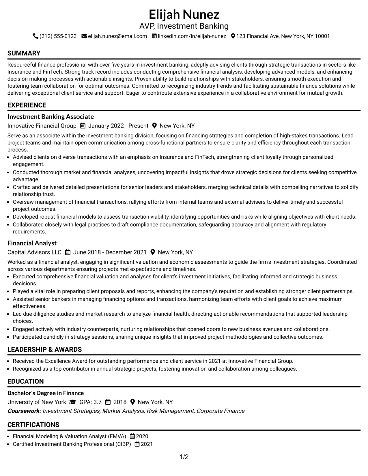 Resume Example Page 1