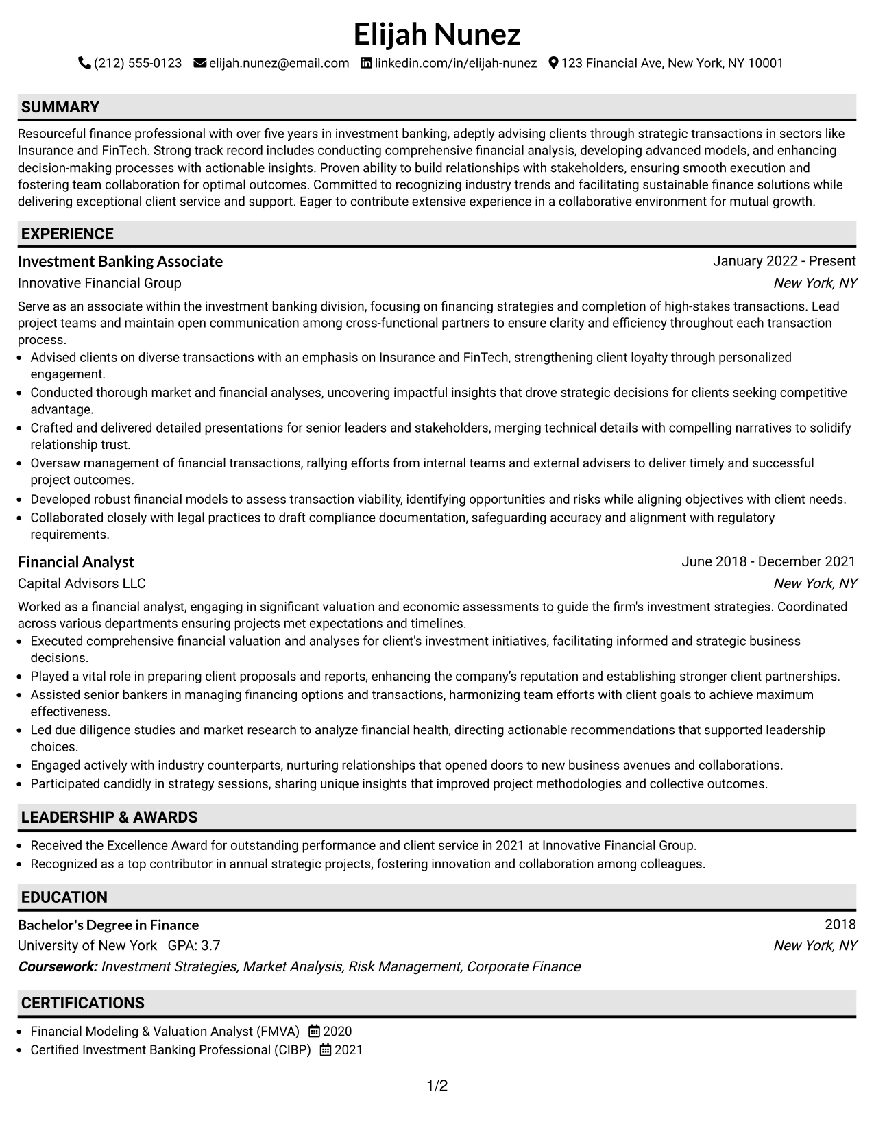 Resume Example Page 1