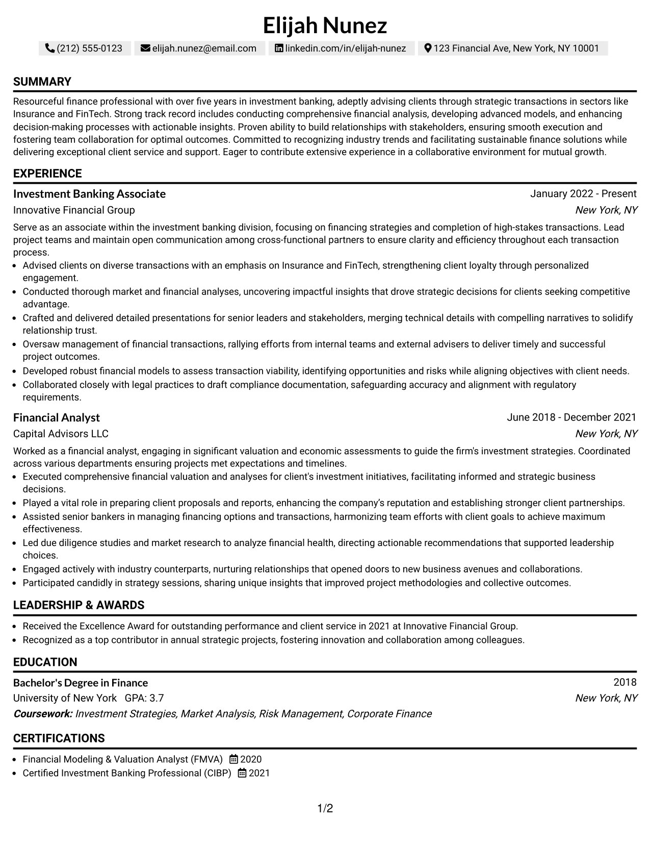 Resume Example Page 1