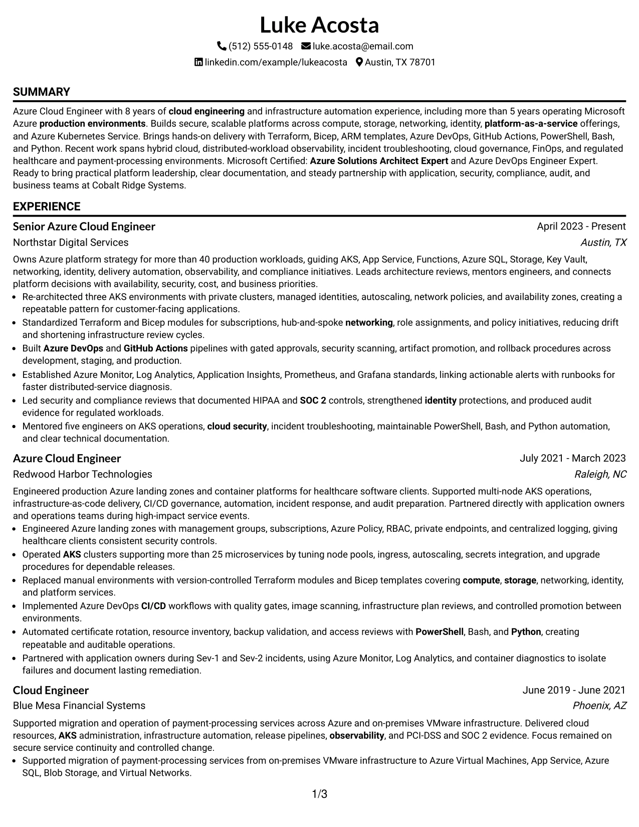 Resume Example Page 1