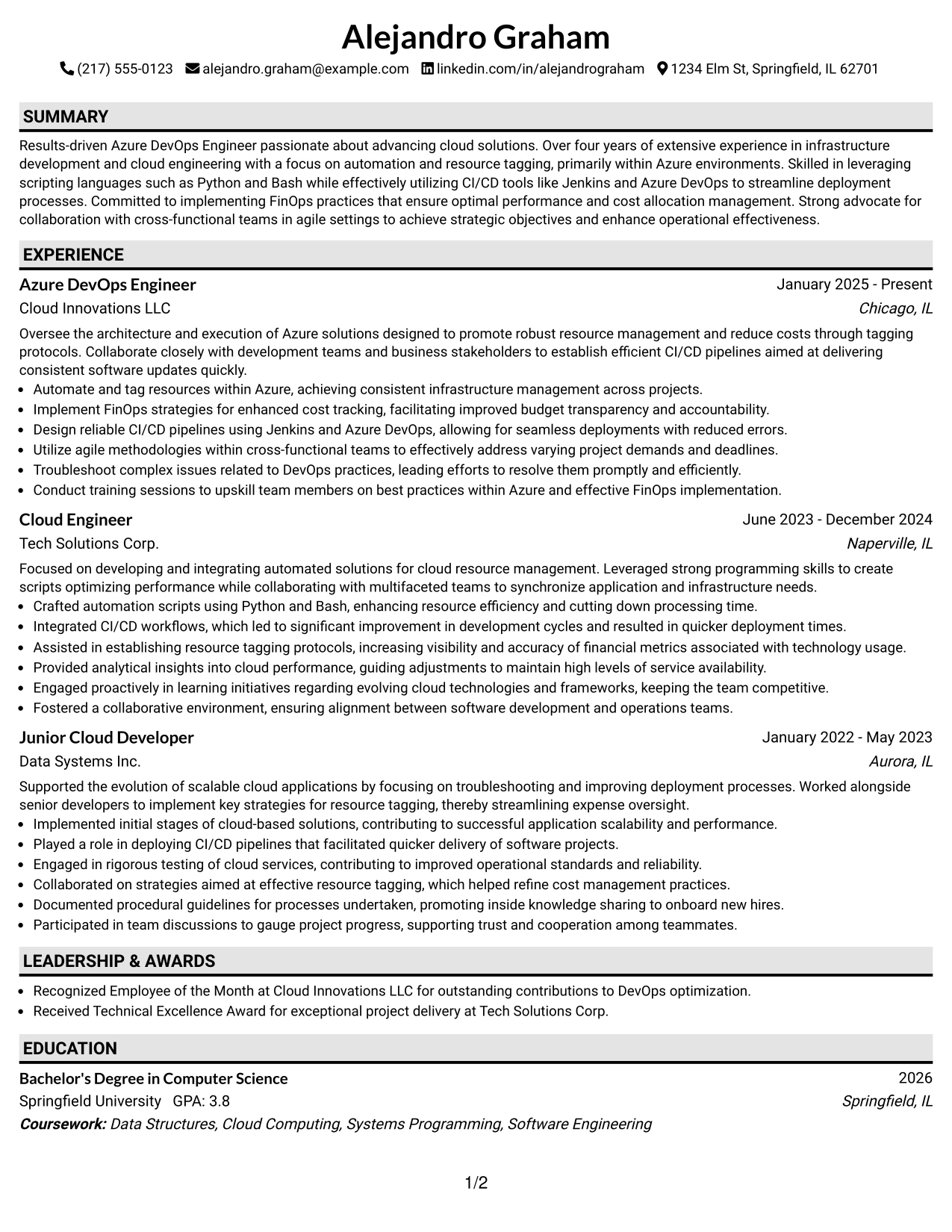 Resume Example Page 1