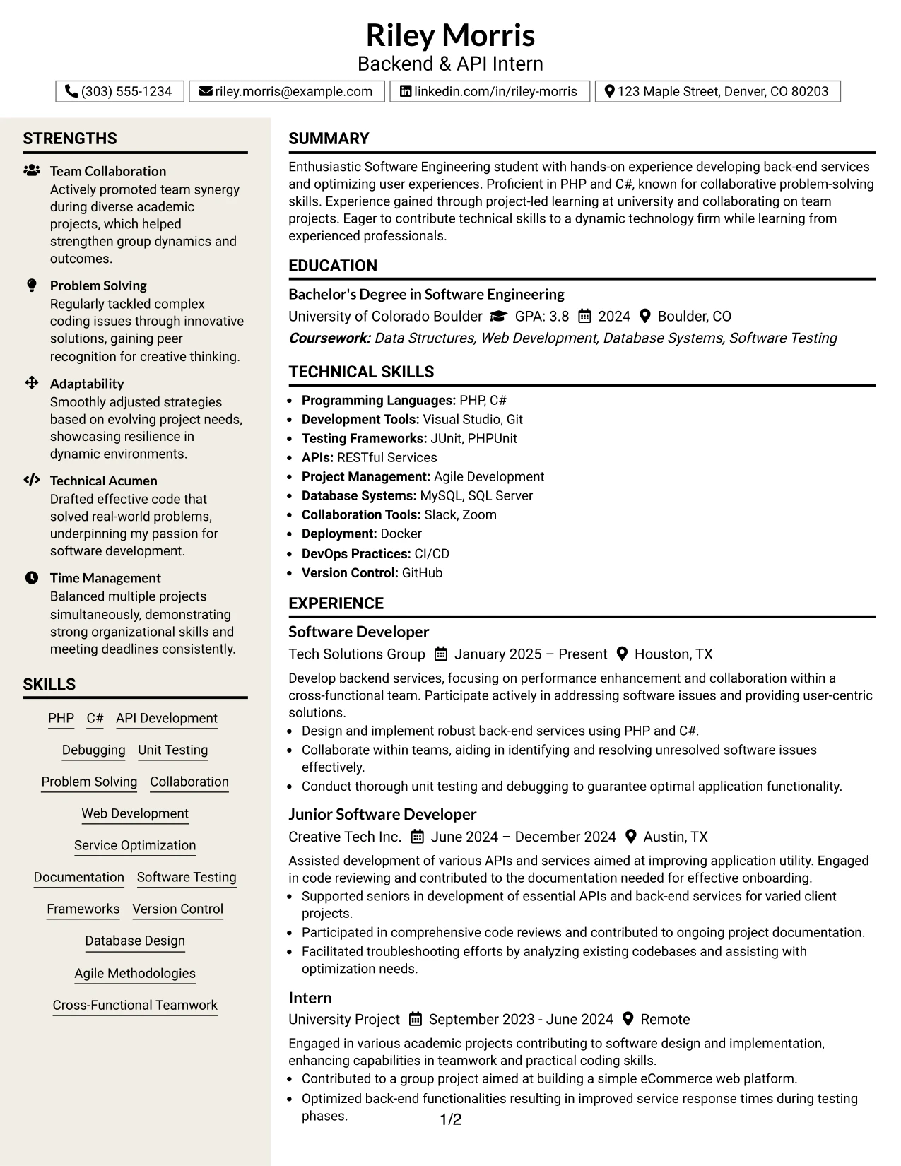 Resume Example Page 1