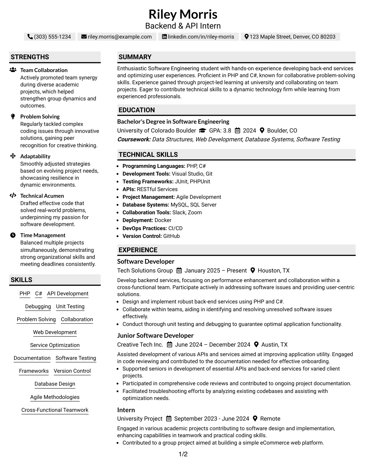 Resume Example Page 1