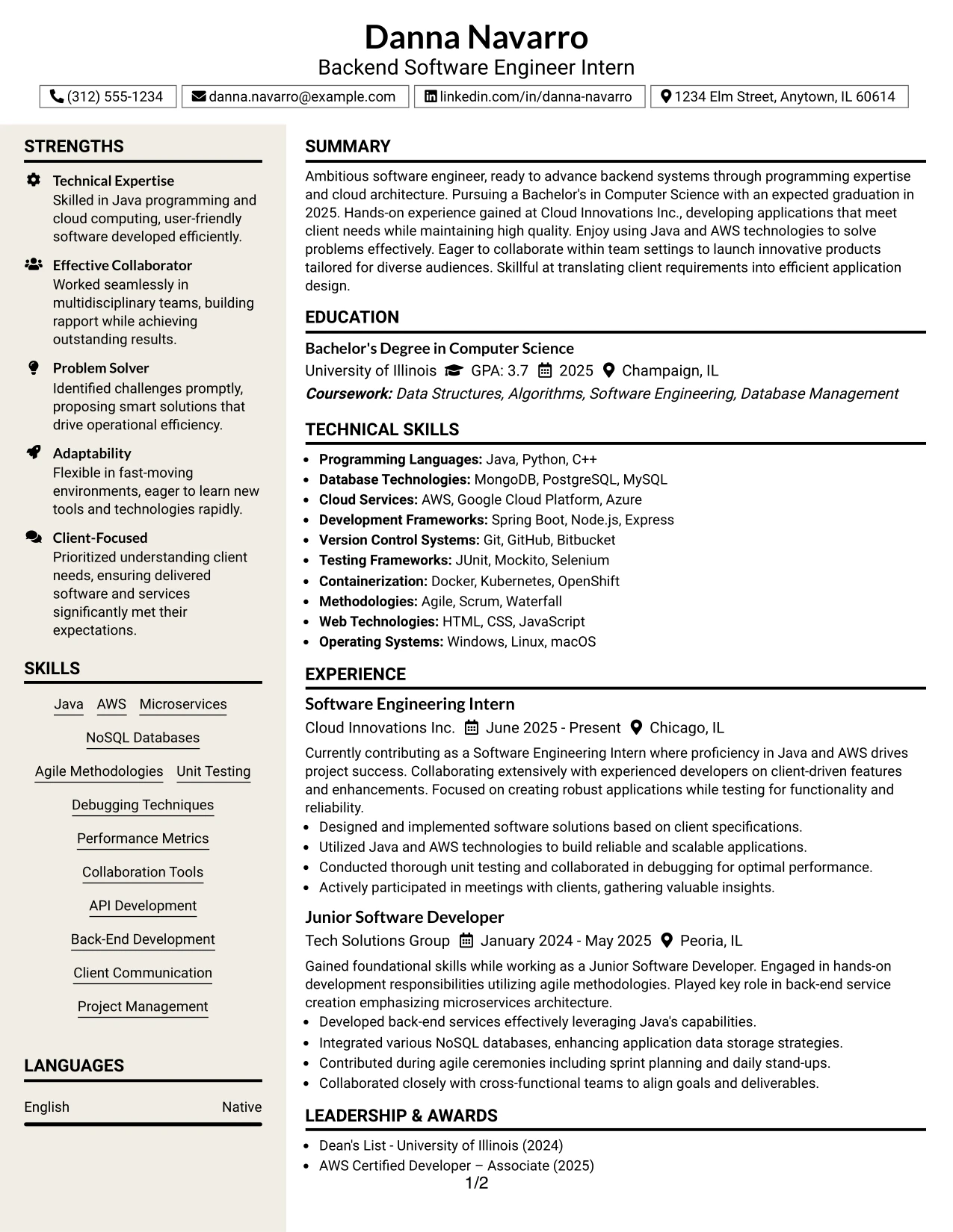Resume Example Page 1