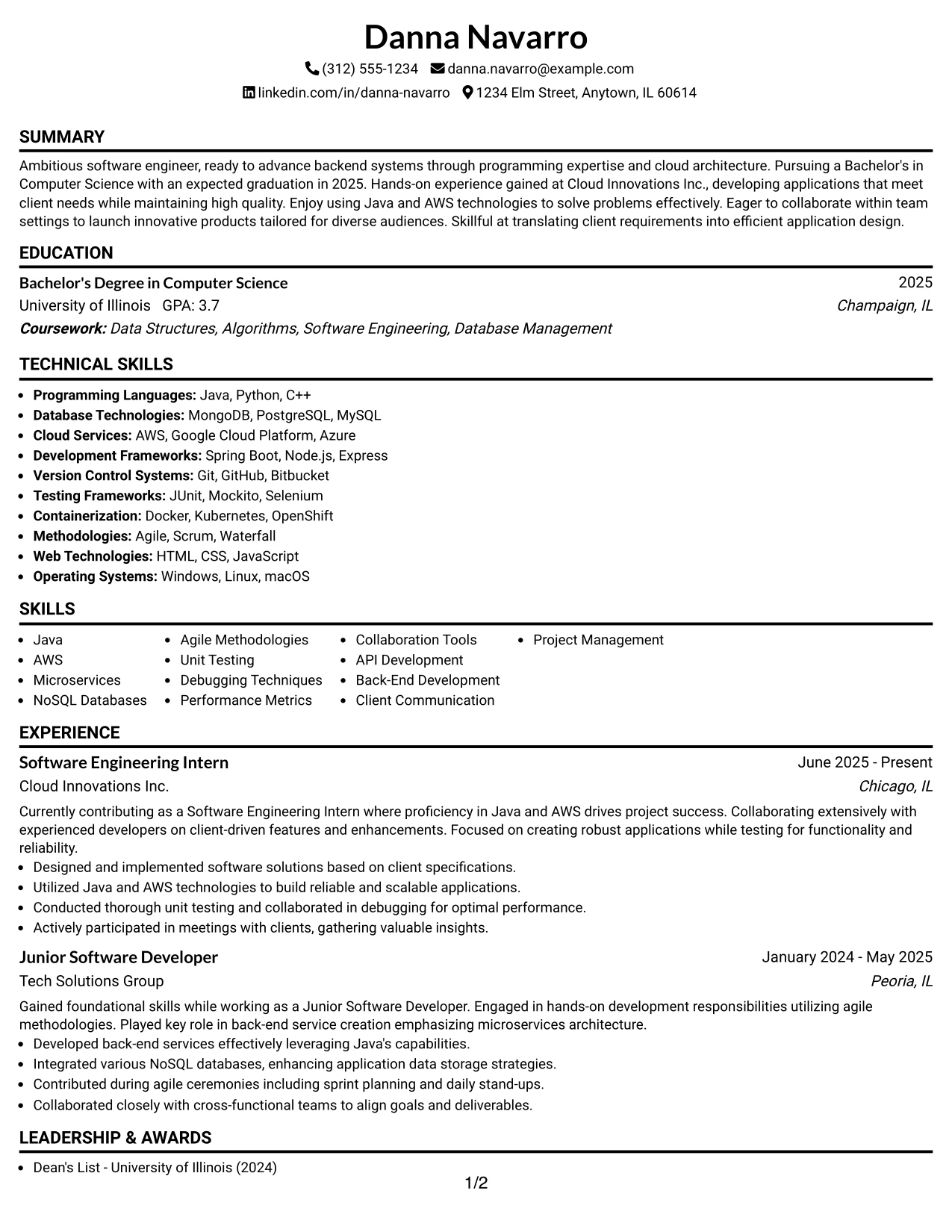 Resume Example Page 1