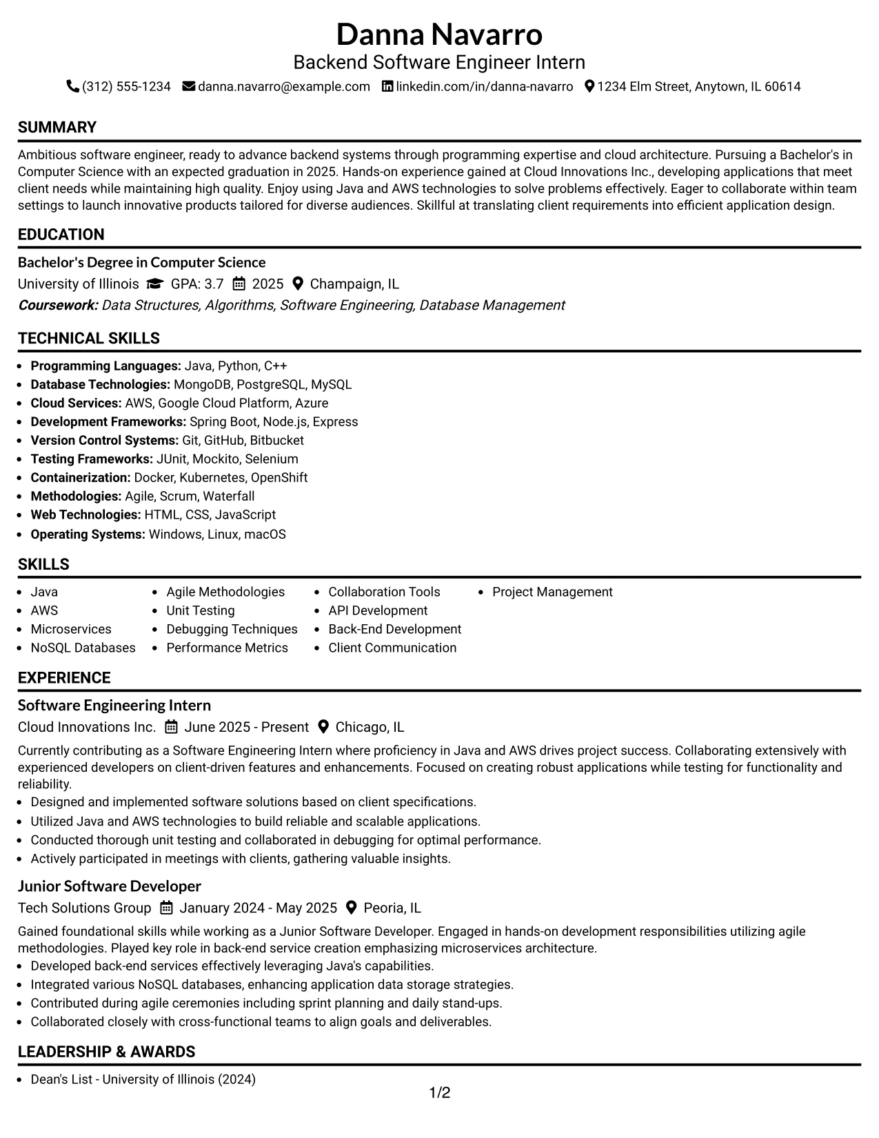 Resume Example Page 1