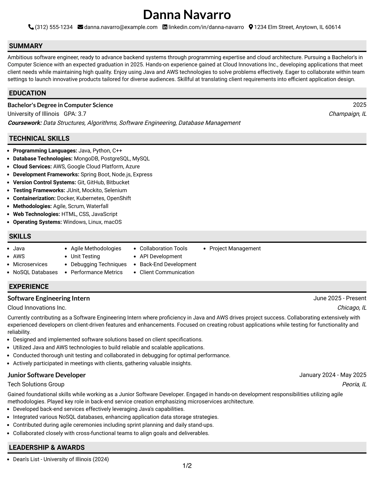 Resume Example Page 1