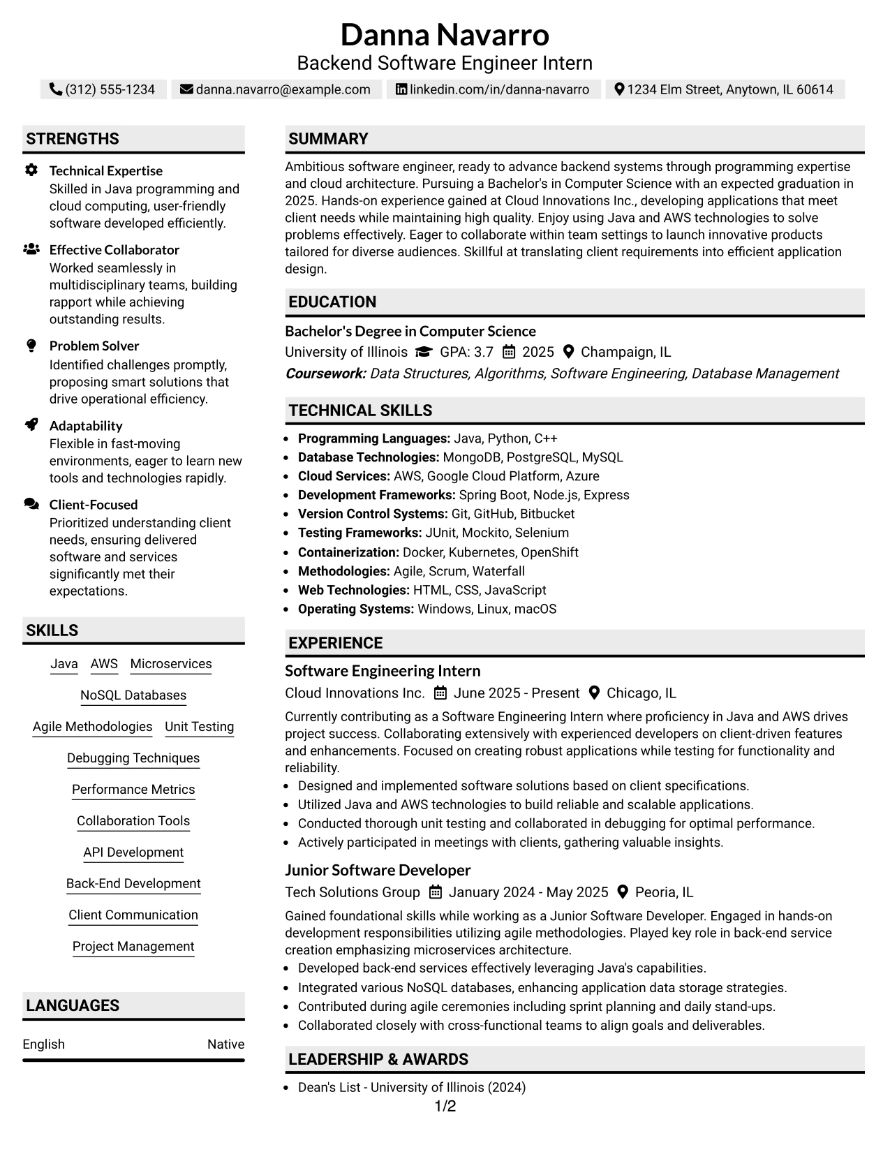 Resume Example Page 1