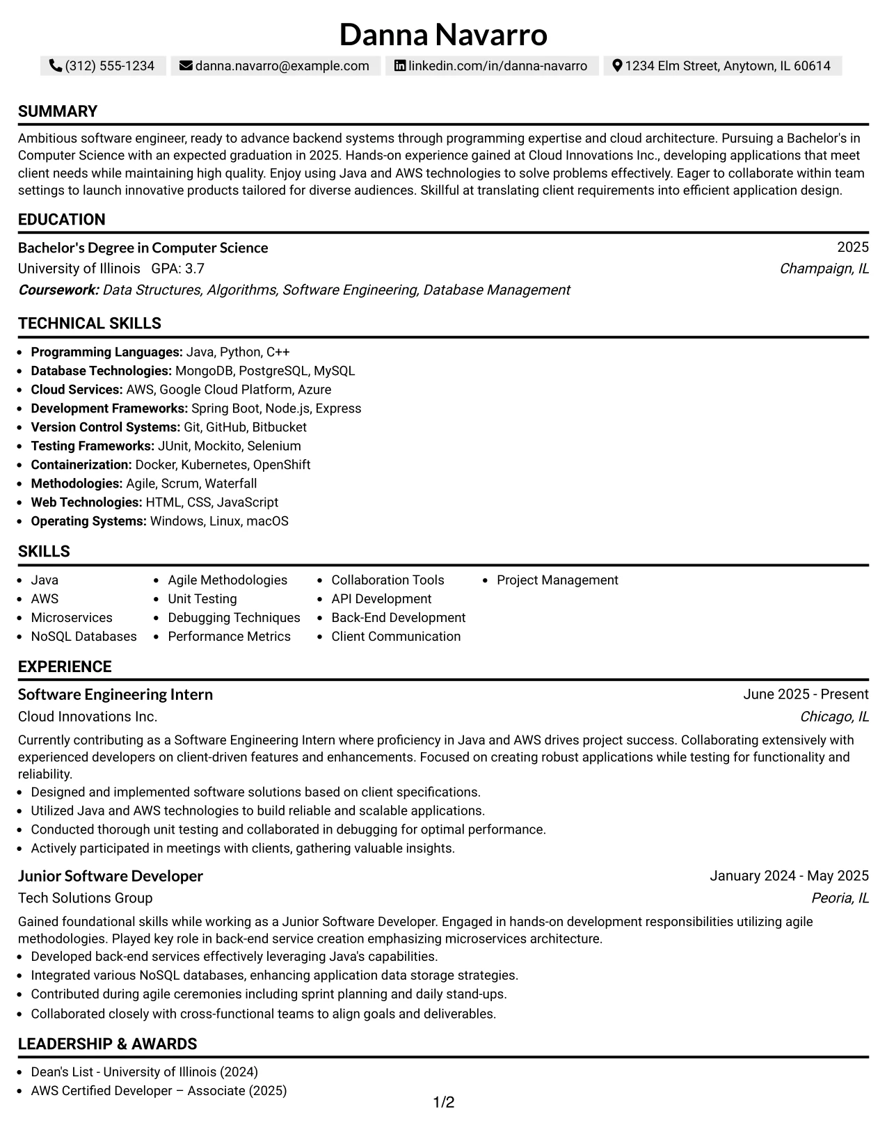 Resume Example Page 1