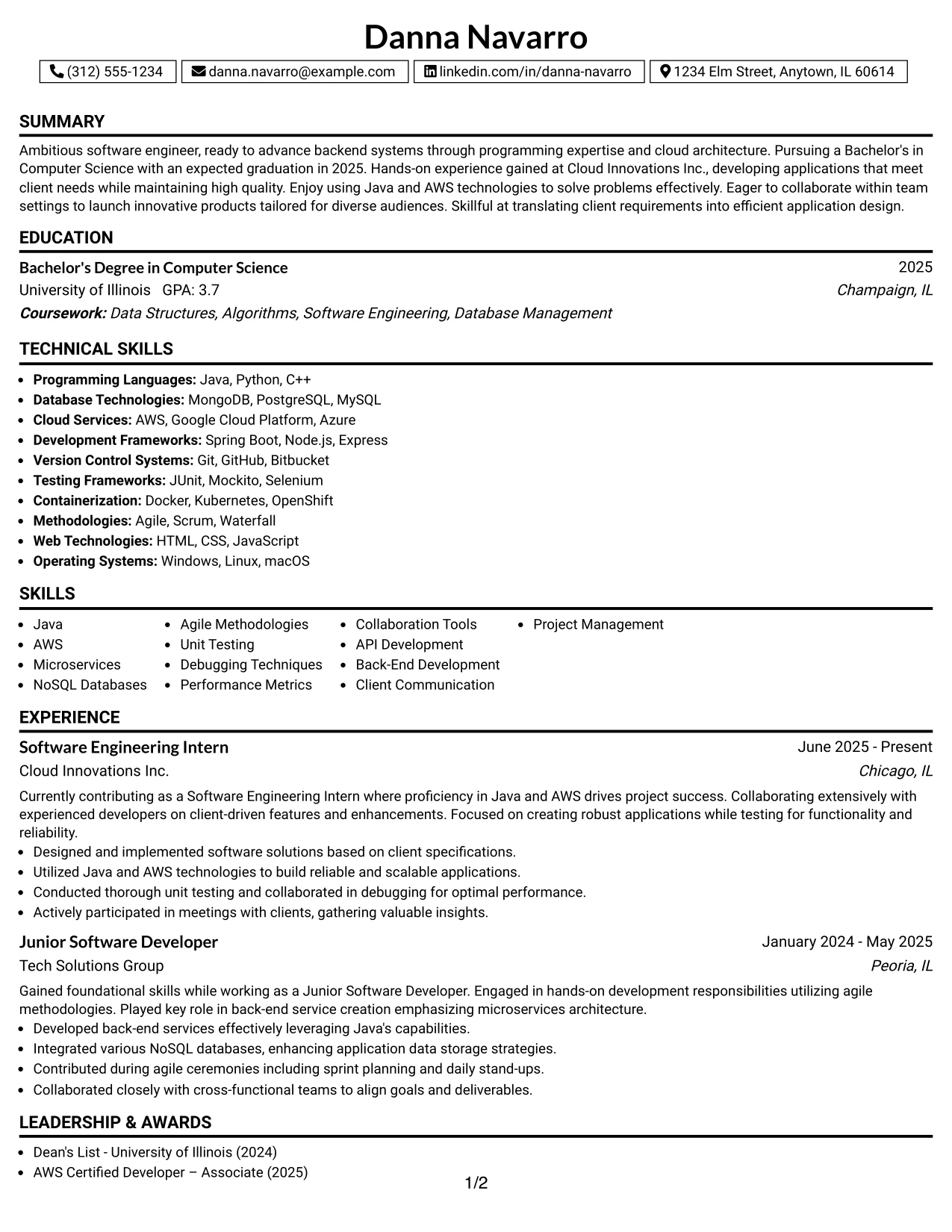 Resume Example Page 1