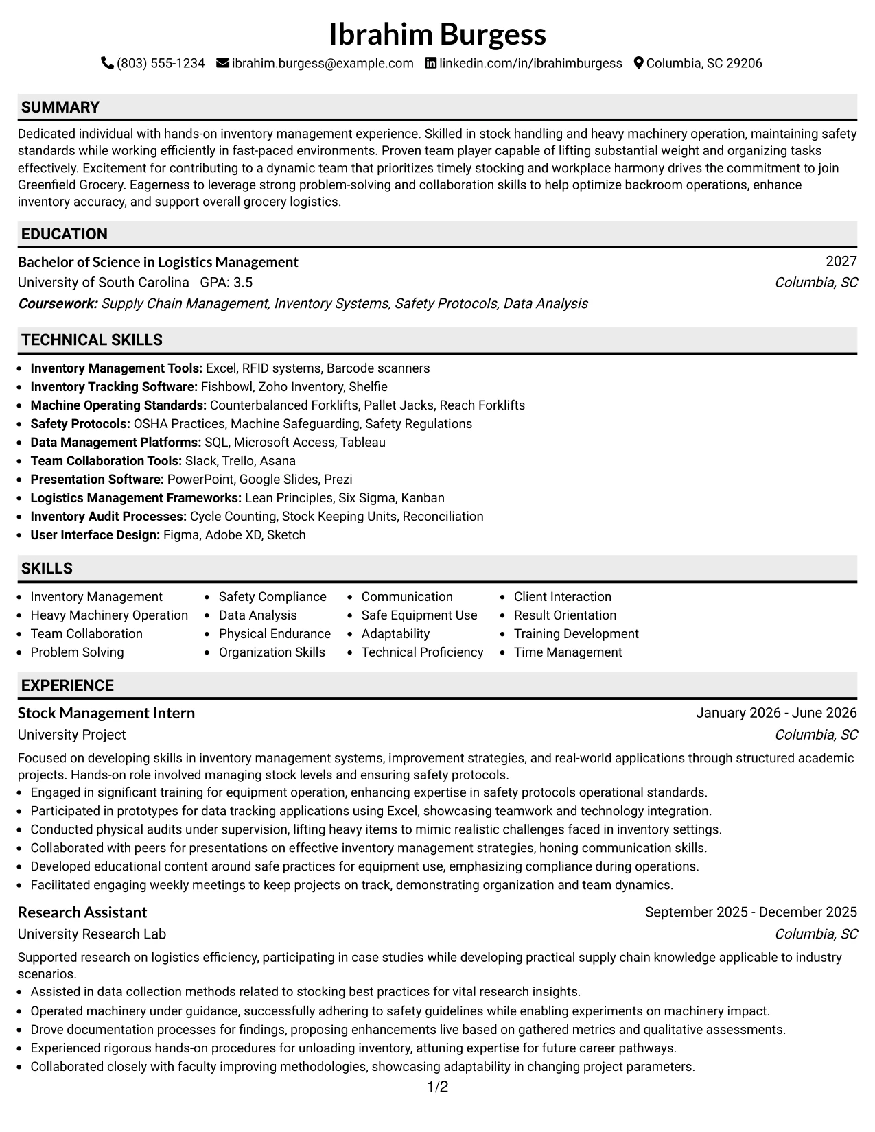 Resume Example Page 1