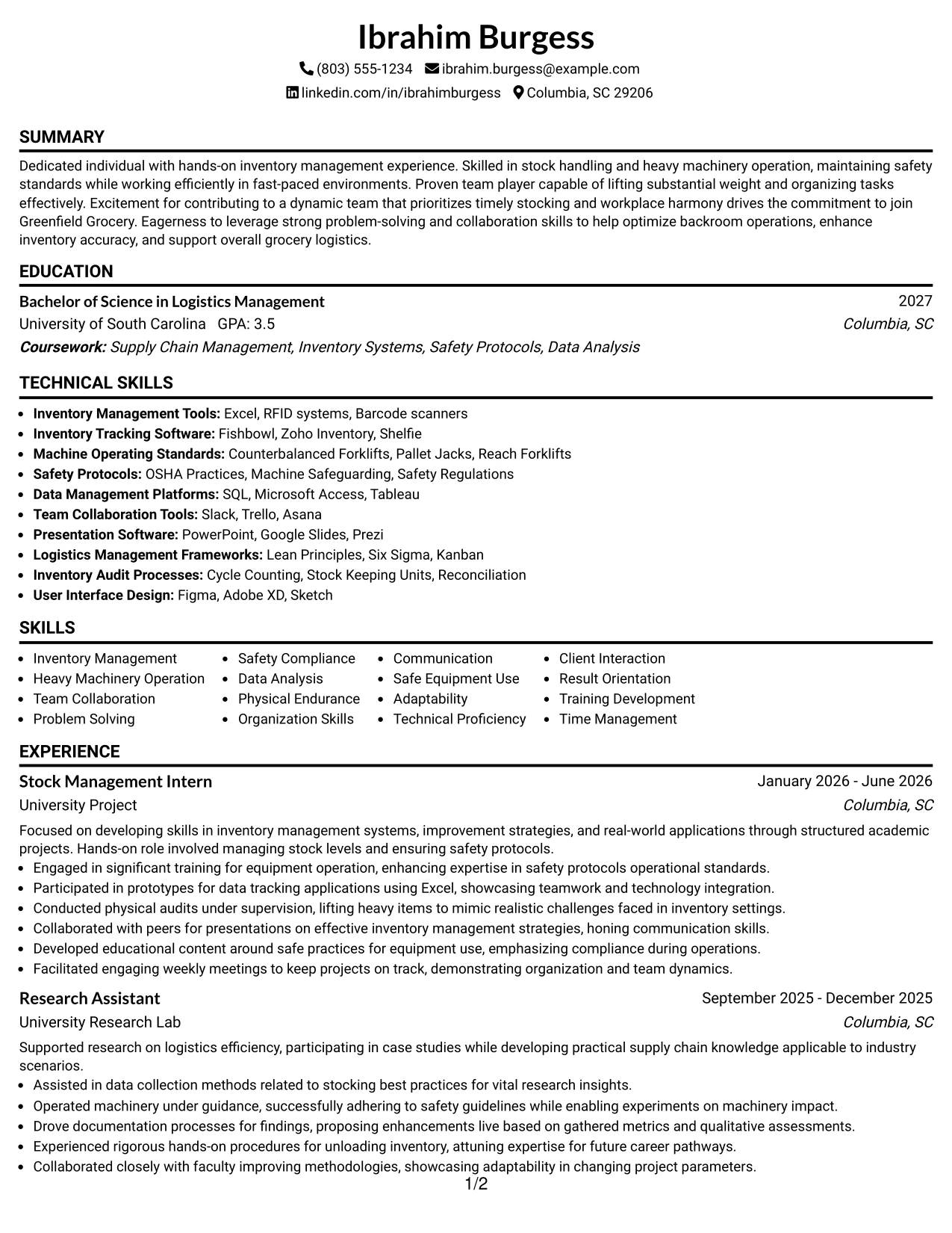 Resume Example Page 1
