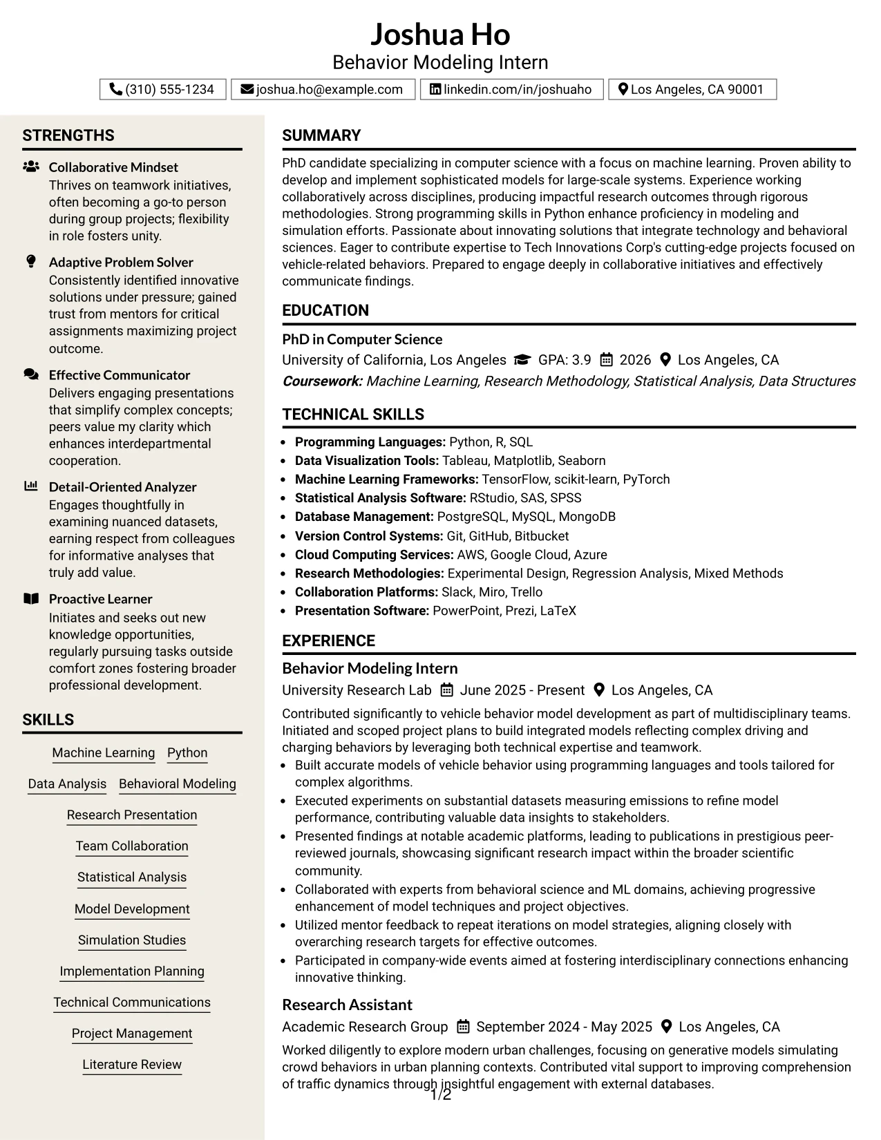 Resume Example Page 1