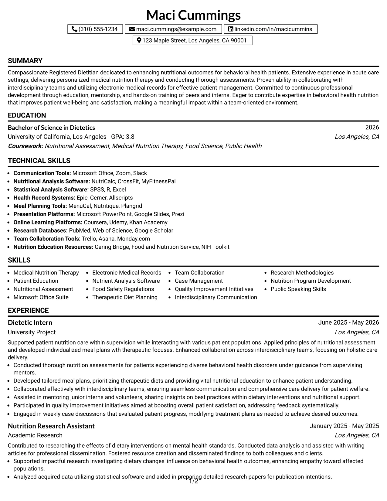 Resume Example Page 1