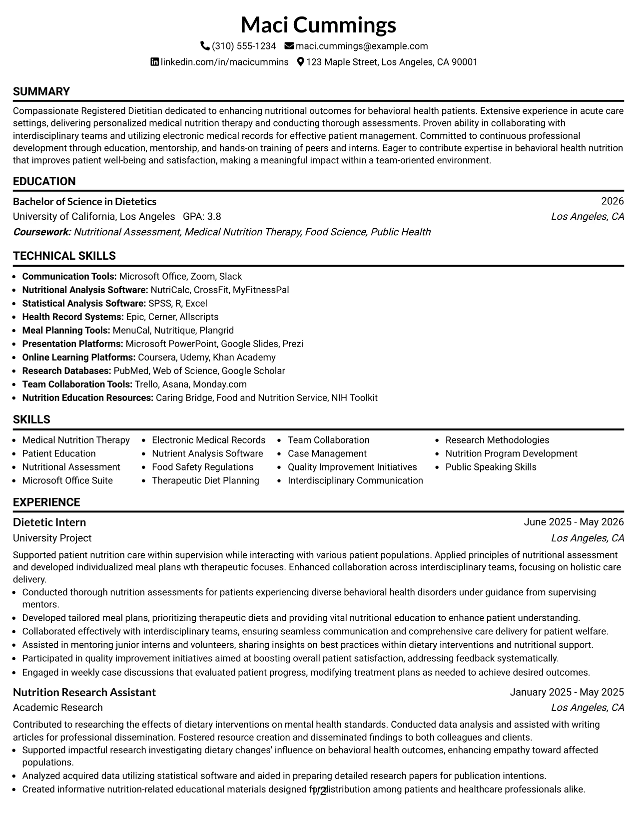 Resume Example Page 1