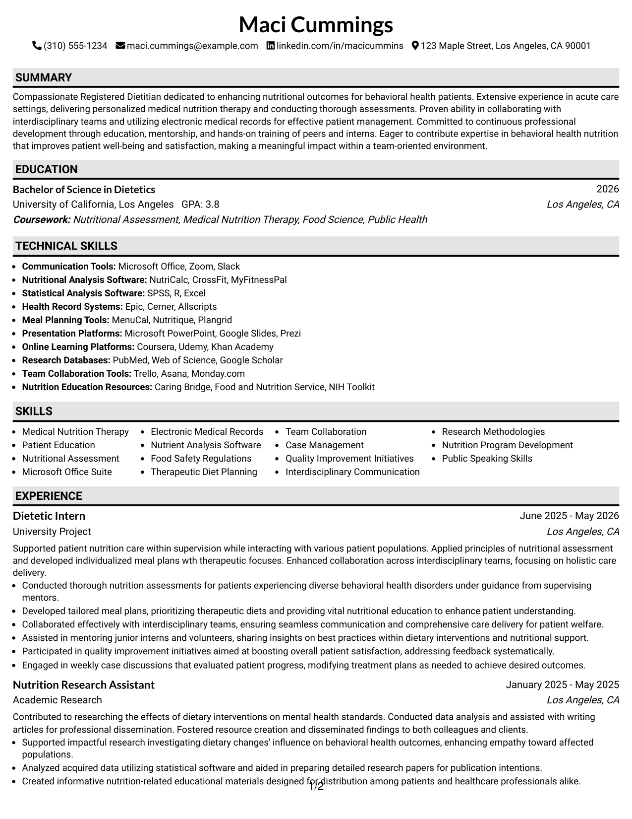 Resume Example Page 1