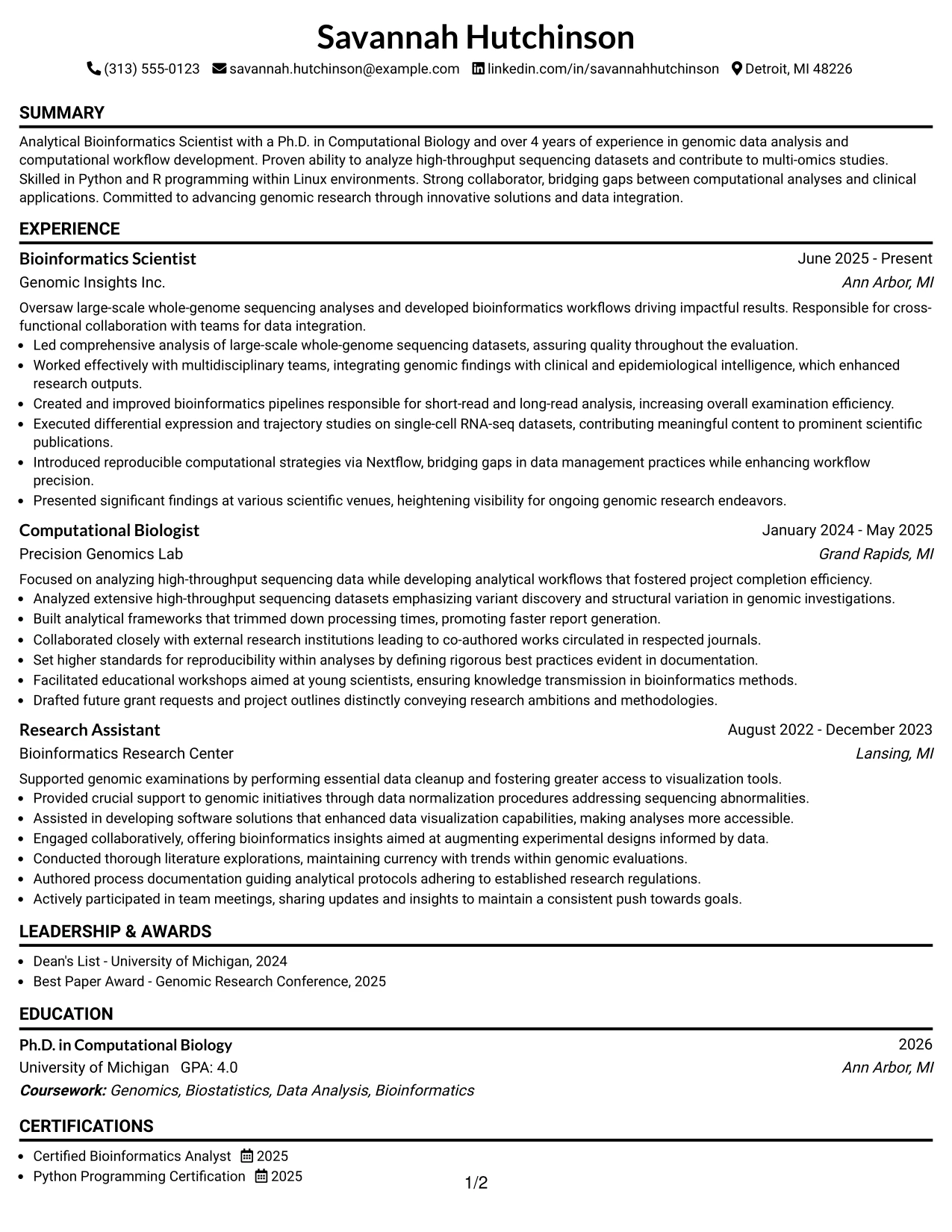 Resume Example Page 1