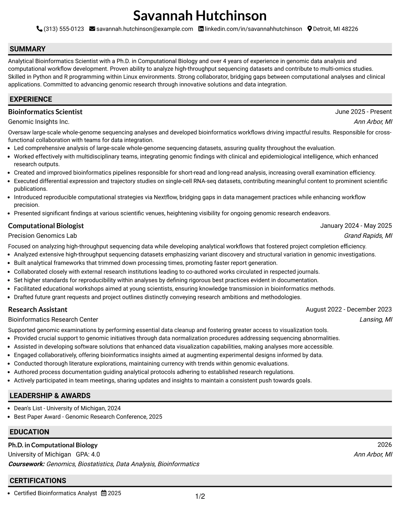 Resume Example Page 1