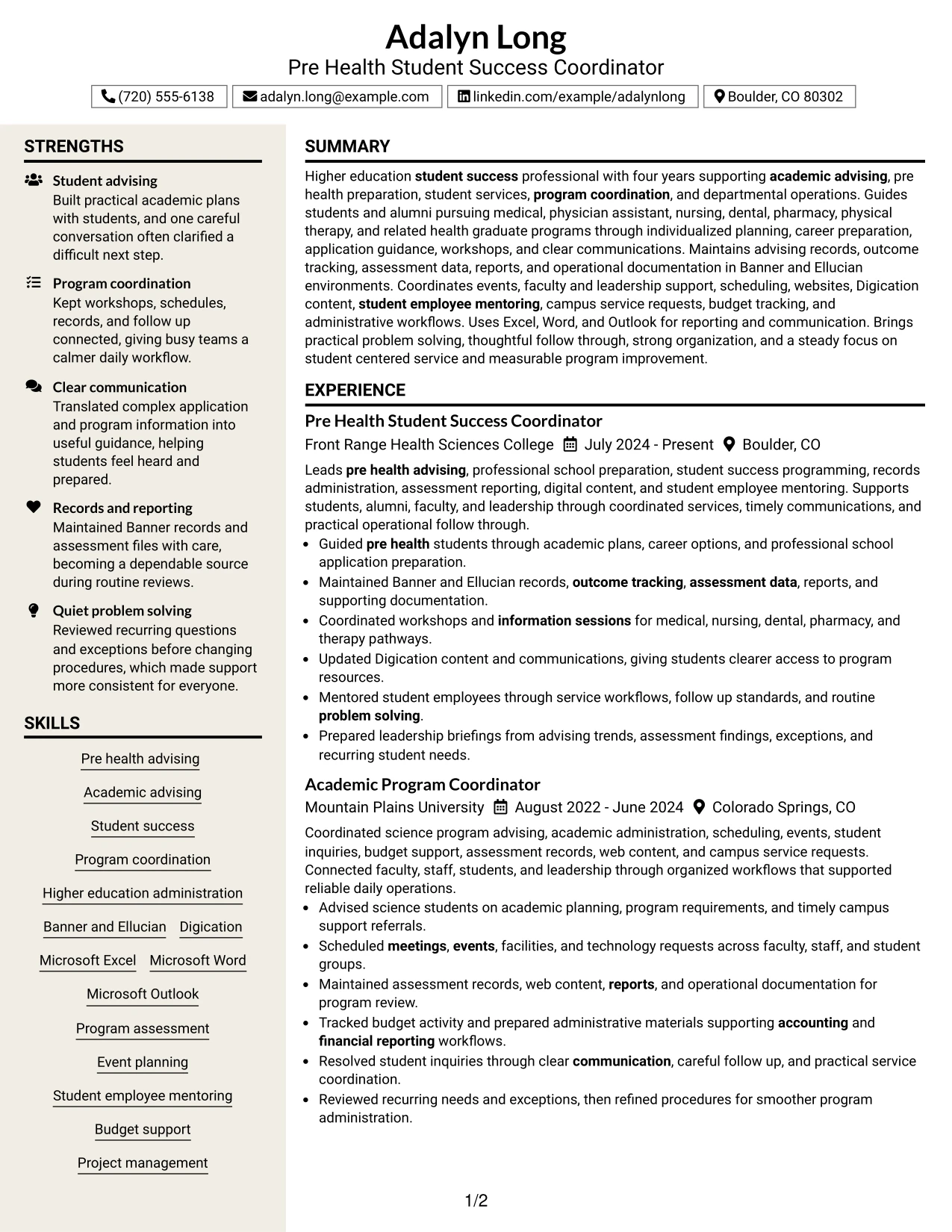 Resume Example Page 1