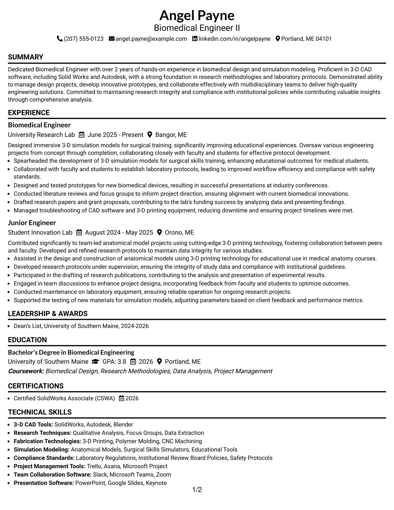 Resume Example Page 1