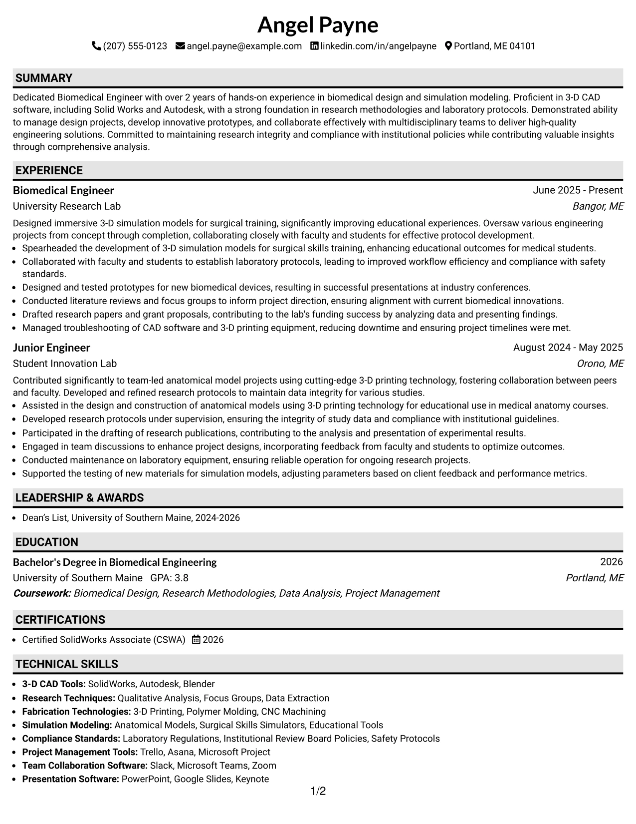 Resume Example Page 1