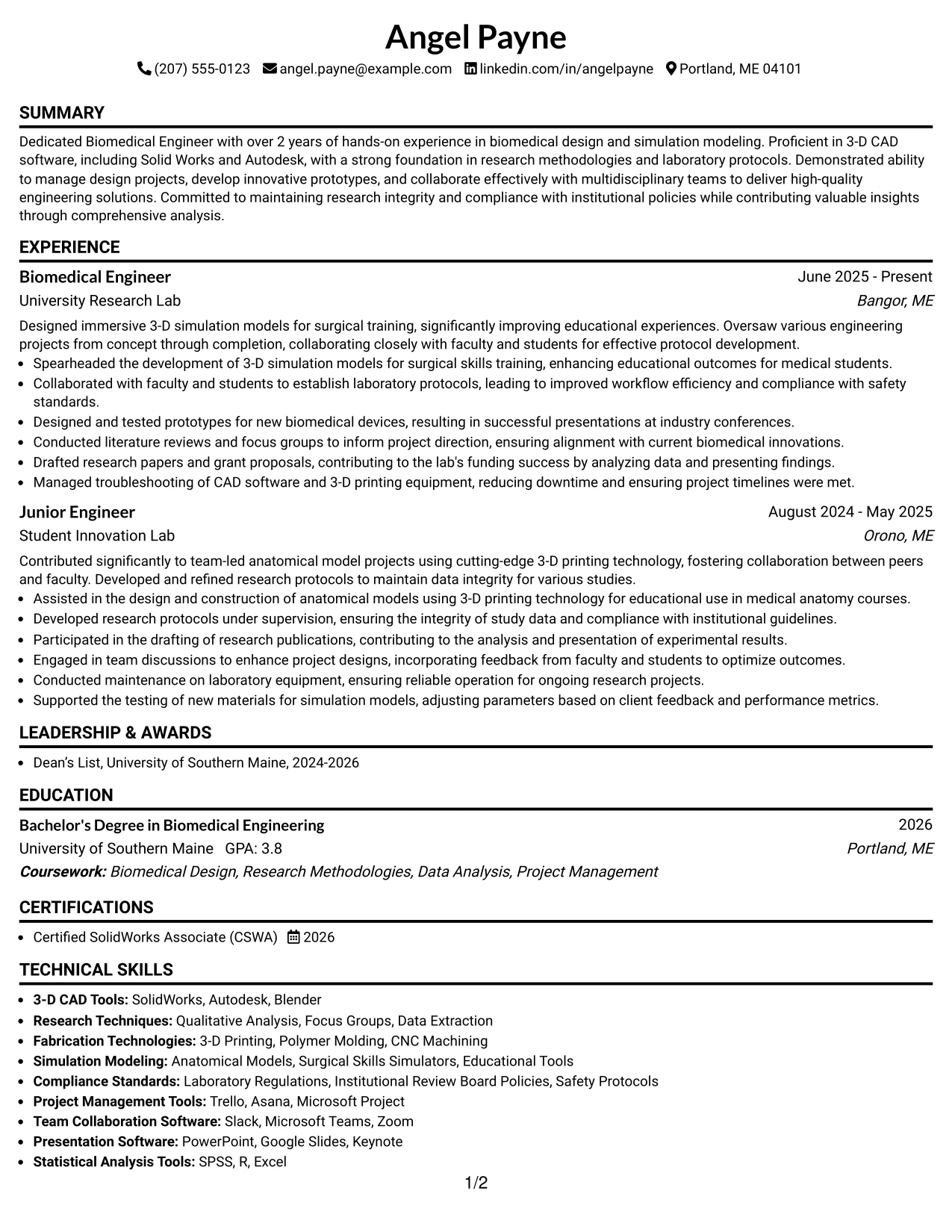 Resume Example Page 1