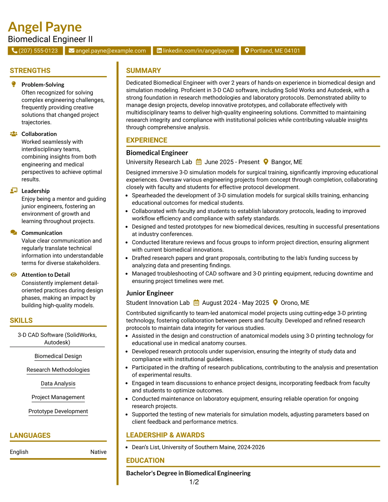 Resume Example Page 1