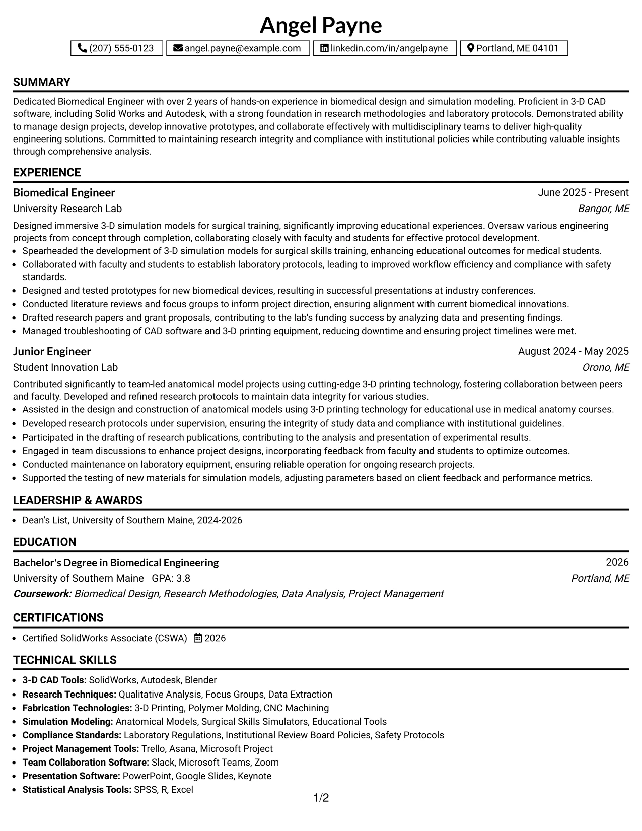 Resume Example Page 1