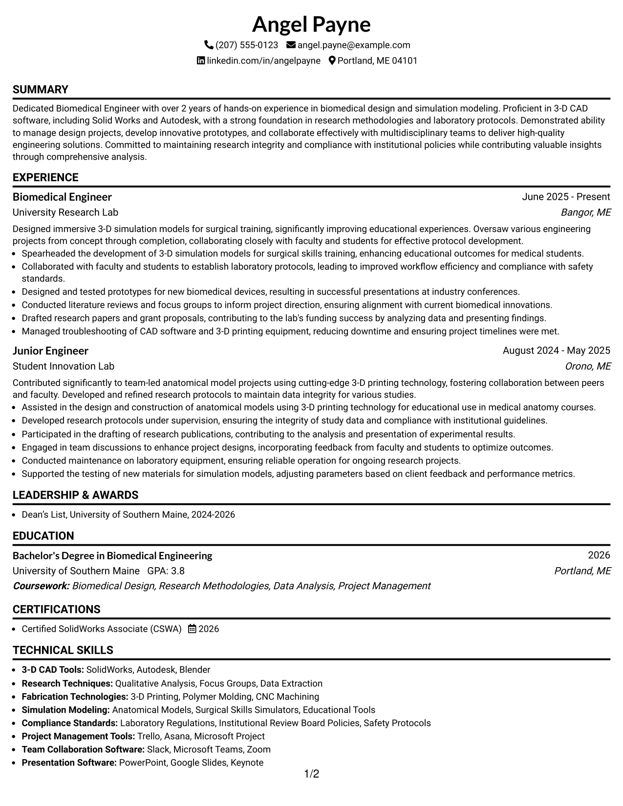 Resume Example Page 1