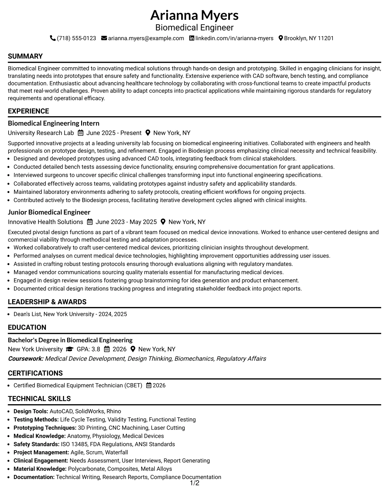 Resume Example Page 1