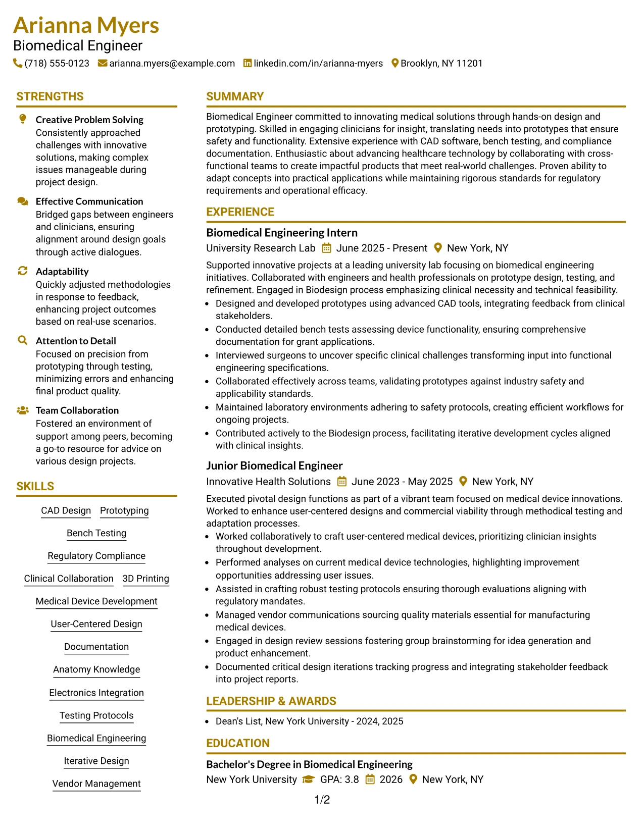 Resume Example Page 1