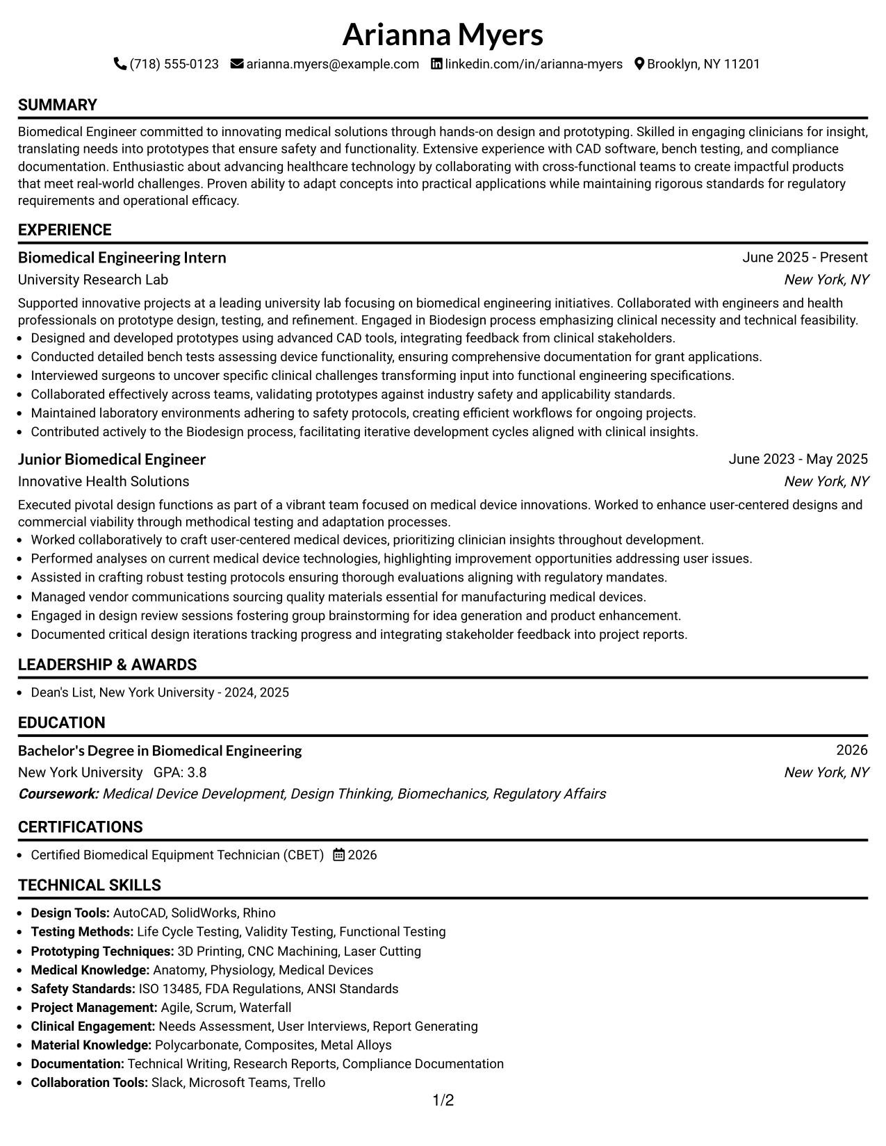 Resume Example Page 1