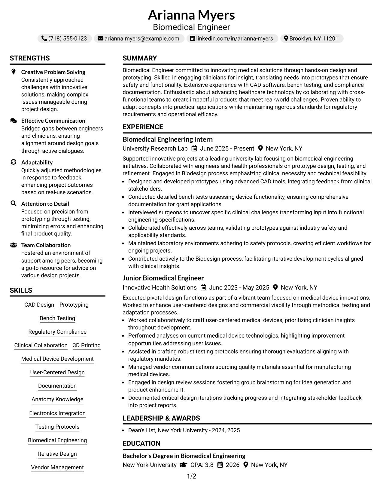Resume Example Page 1