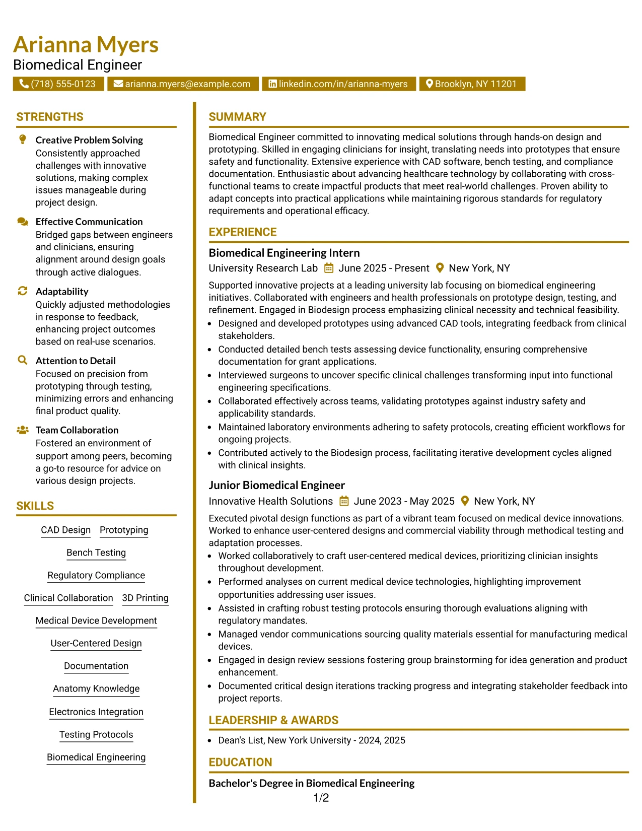 Resume Example Page 1