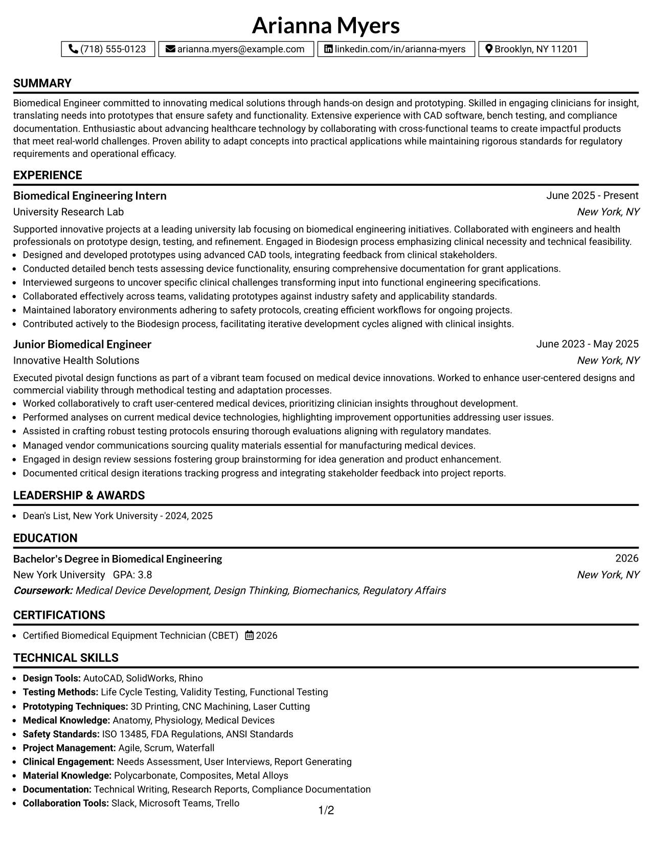 Resume Example Page 1