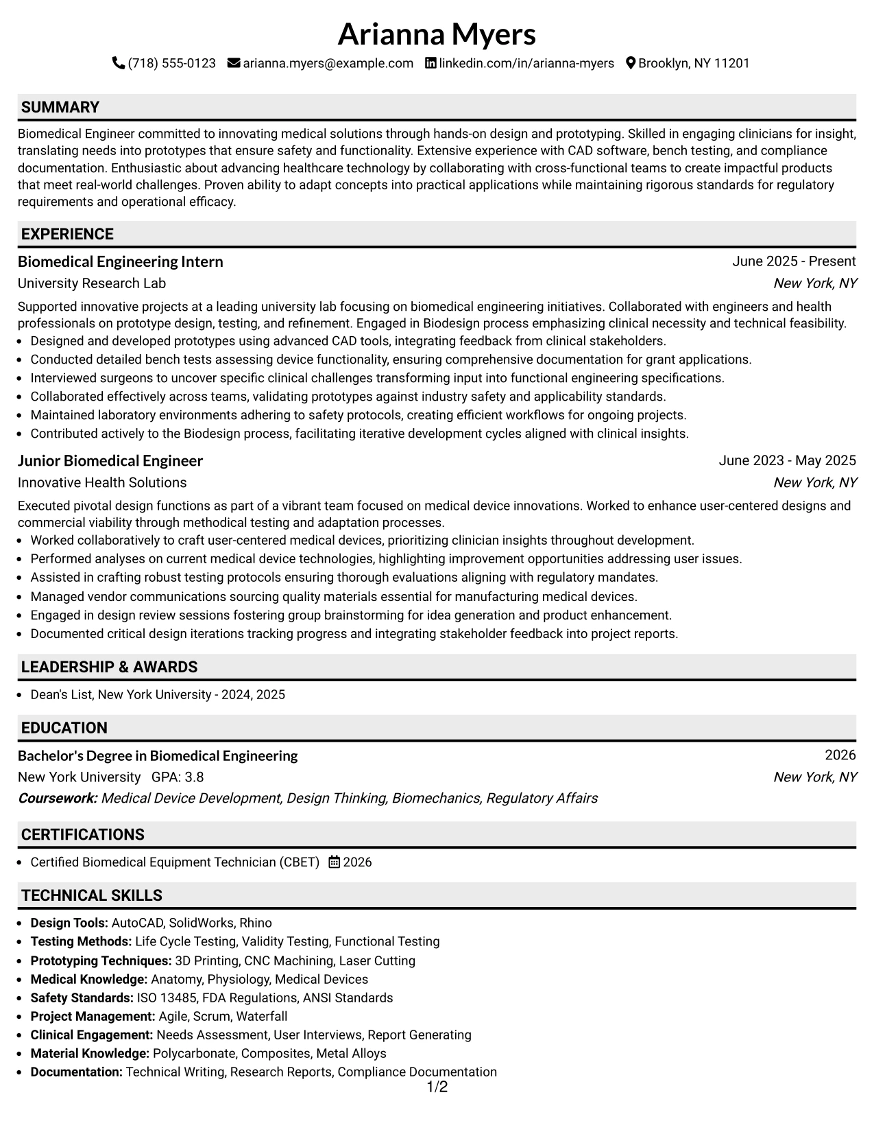 Resume Example Page 1