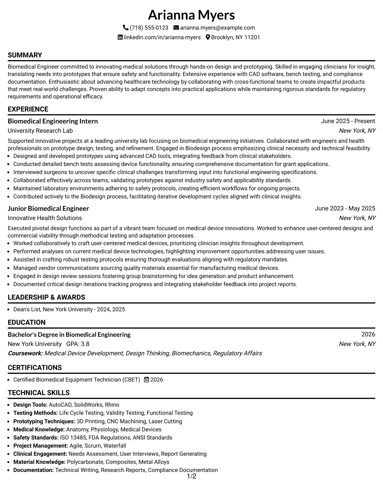 Resume Example Page 1
