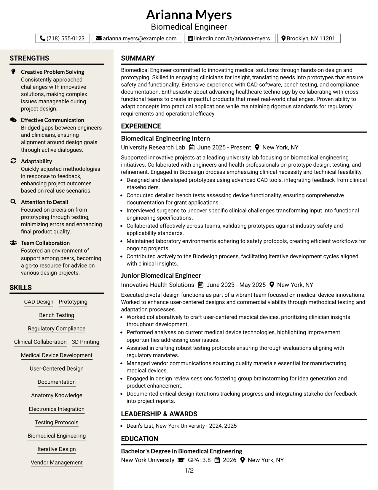 Resume Example Page 1