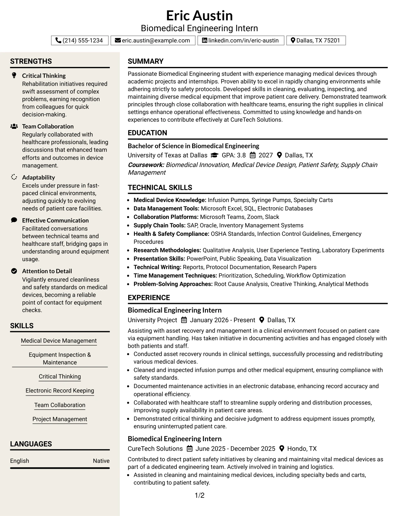 Resume Example Page 1