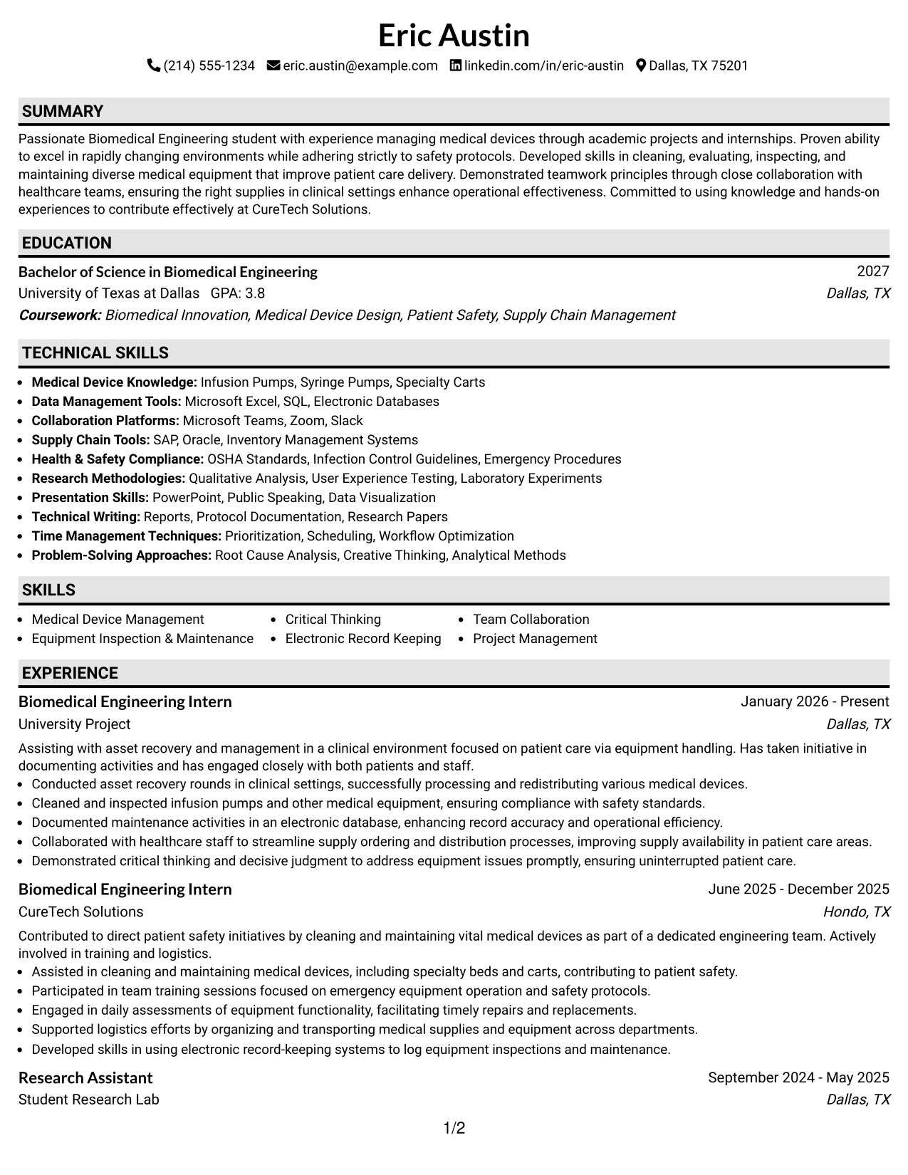 Resume Example Page 1
