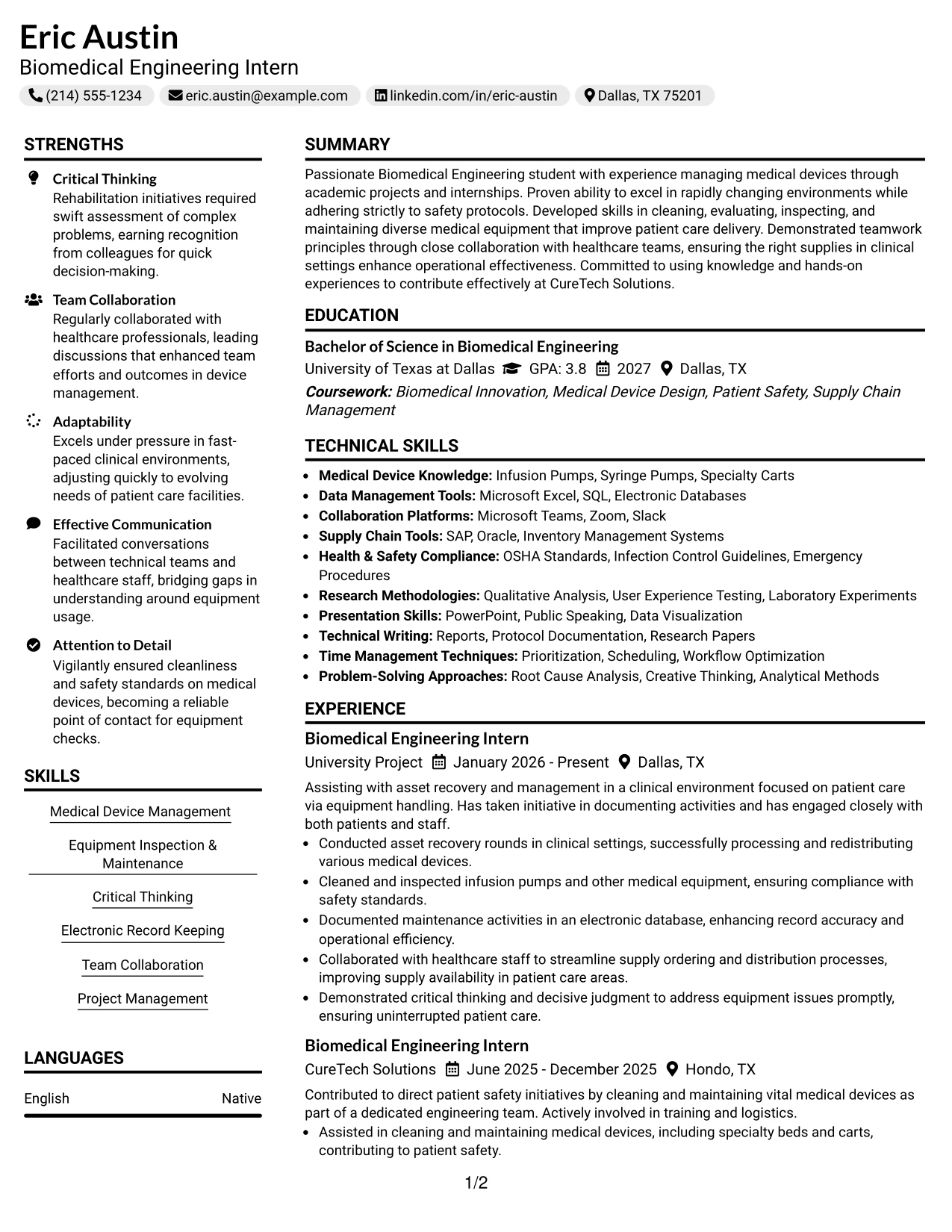 Resume Example Page 1