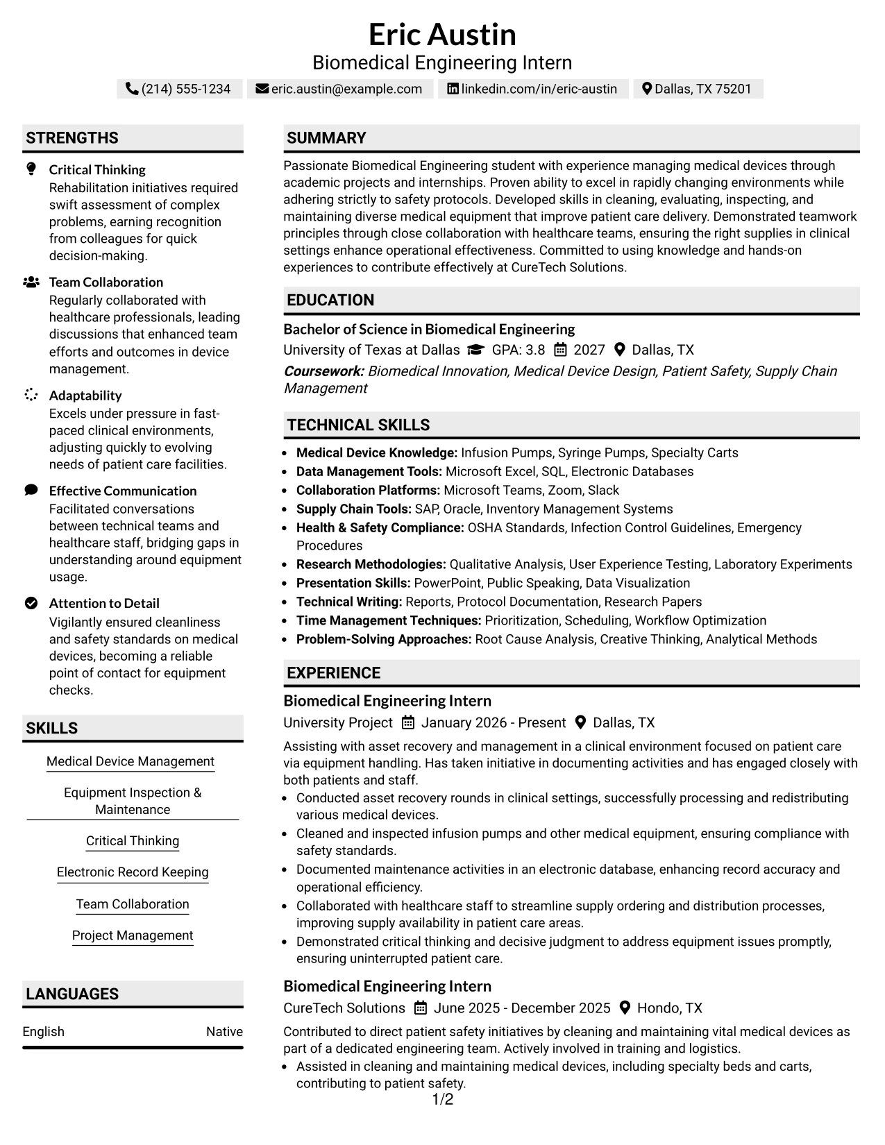 Resume Example Page 1