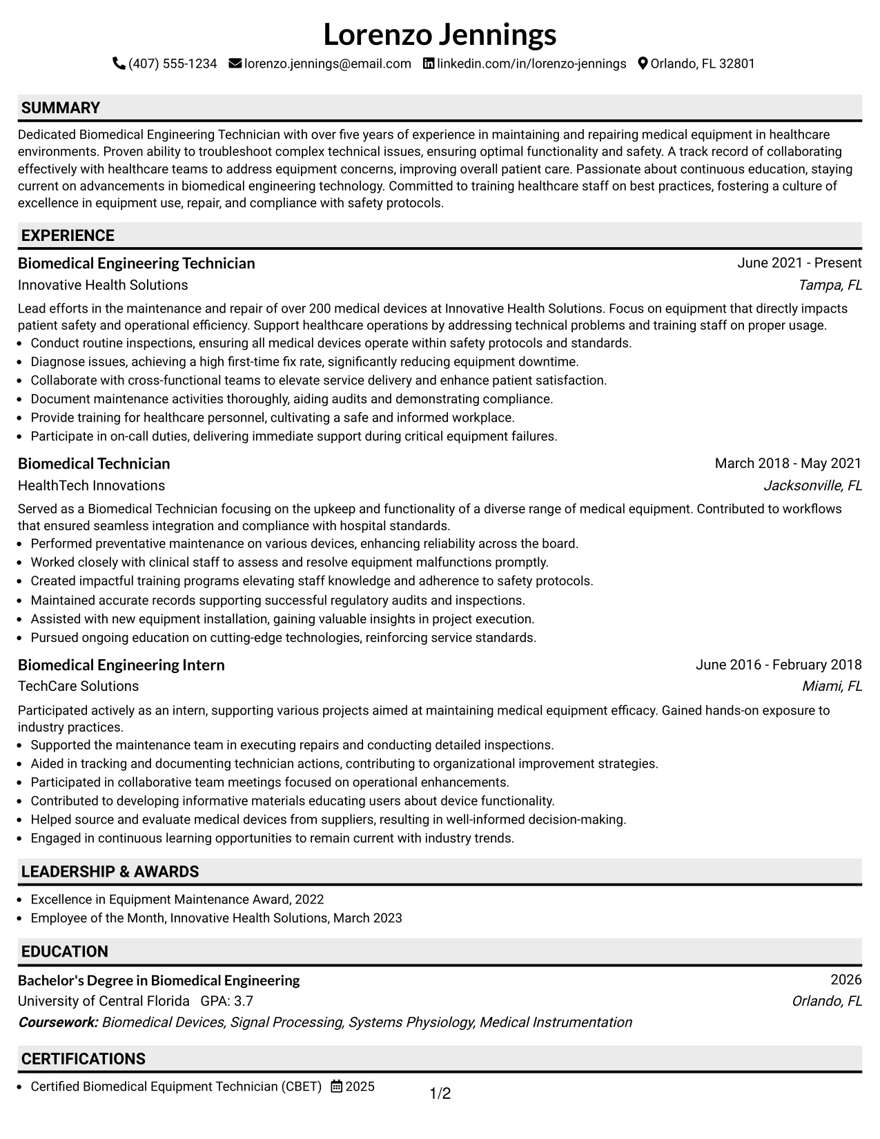 Resume Example Page 1