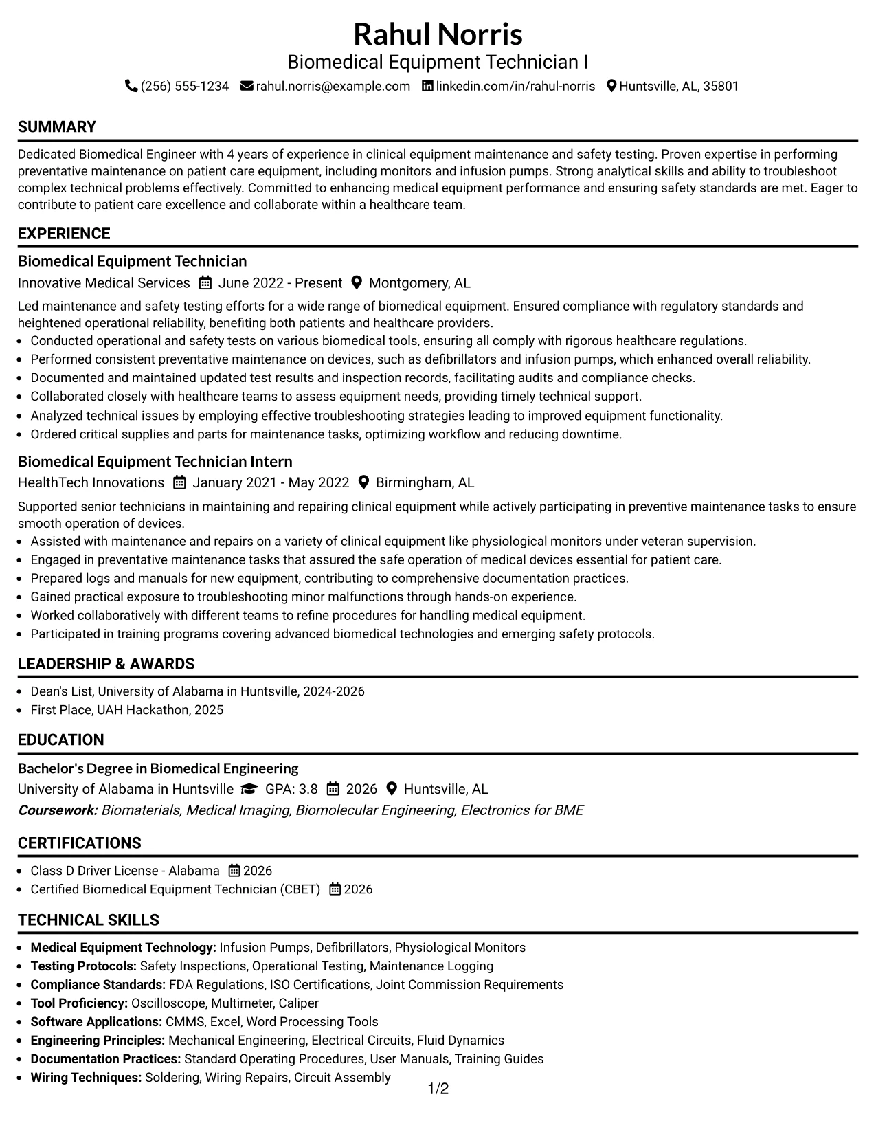 Resume Example Page 1