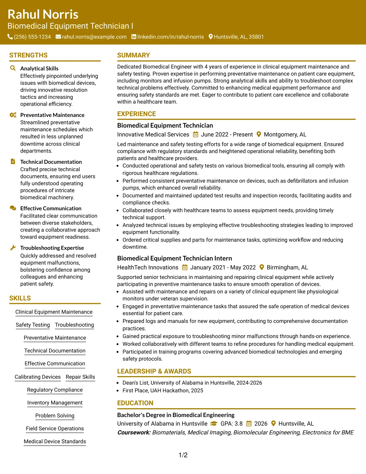 Resume Example Page 1